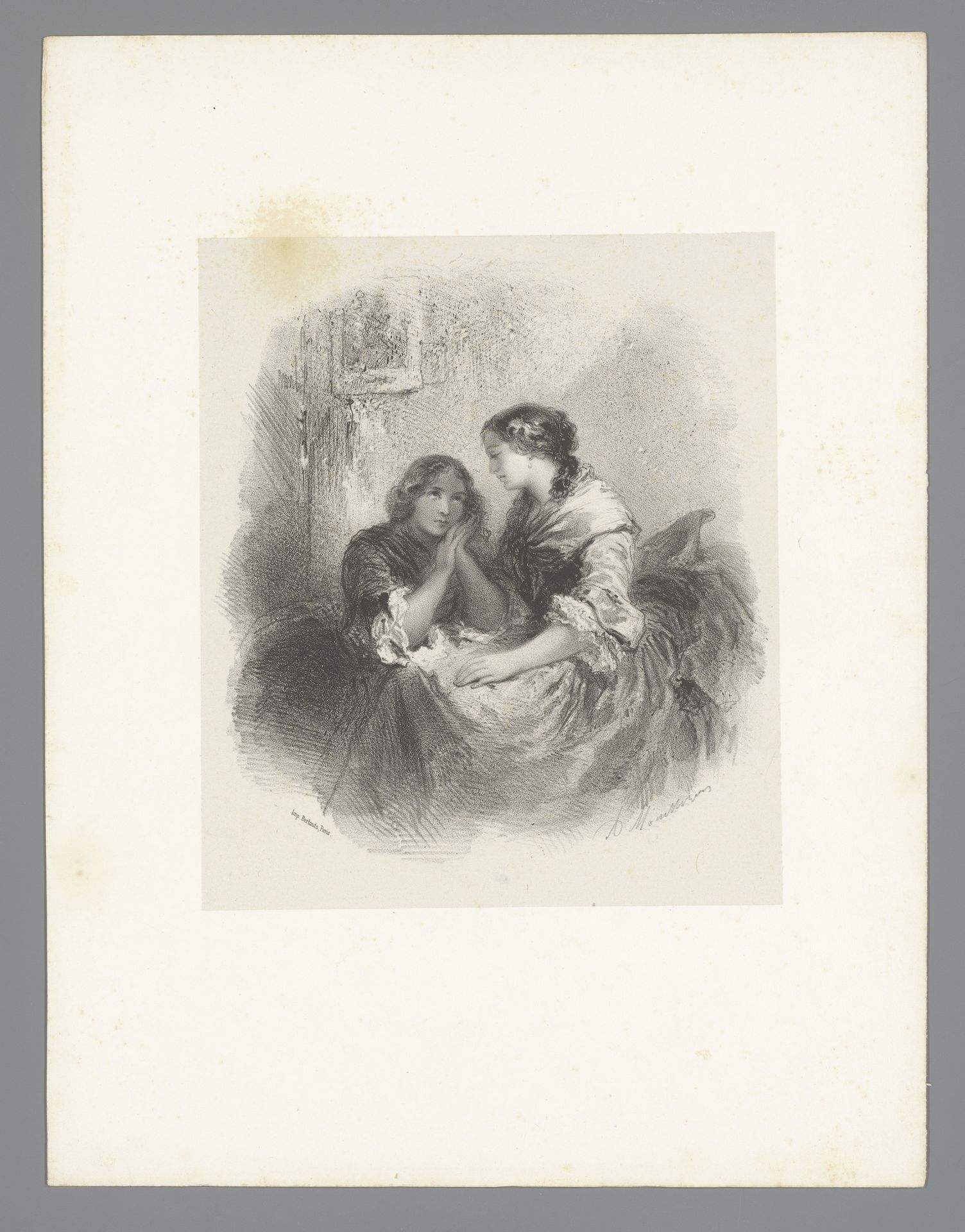 Twee naast elkaar zittende jonge vrouwen by Adolphe Mouilleron