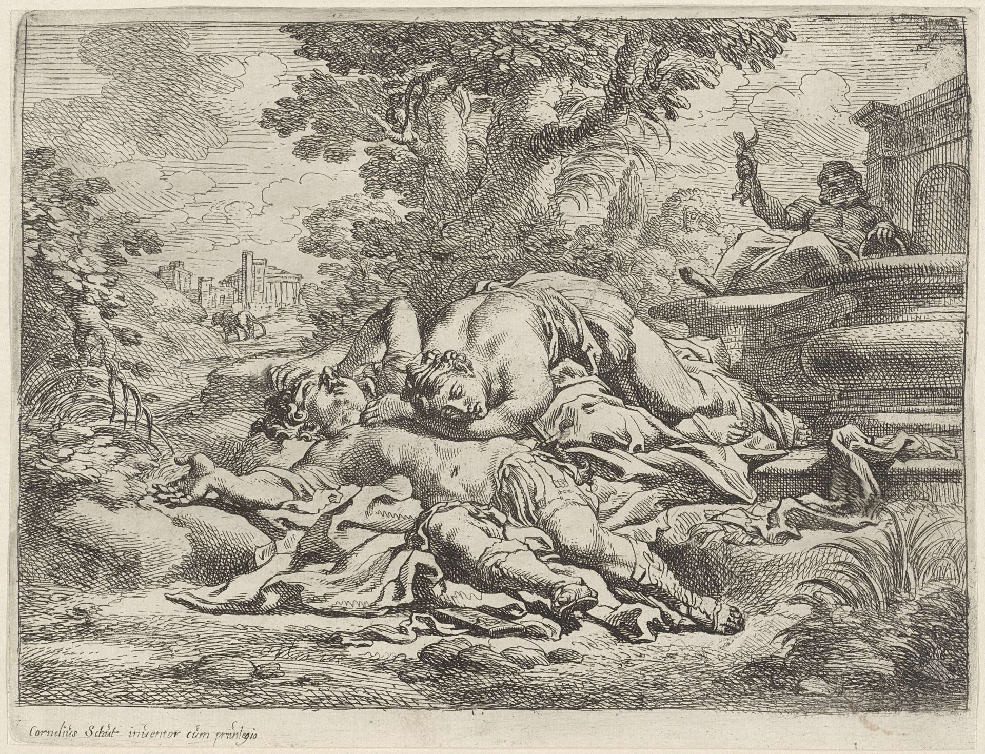 Thisbe treurt bij de stervende Pyramus by Cornelis Schut