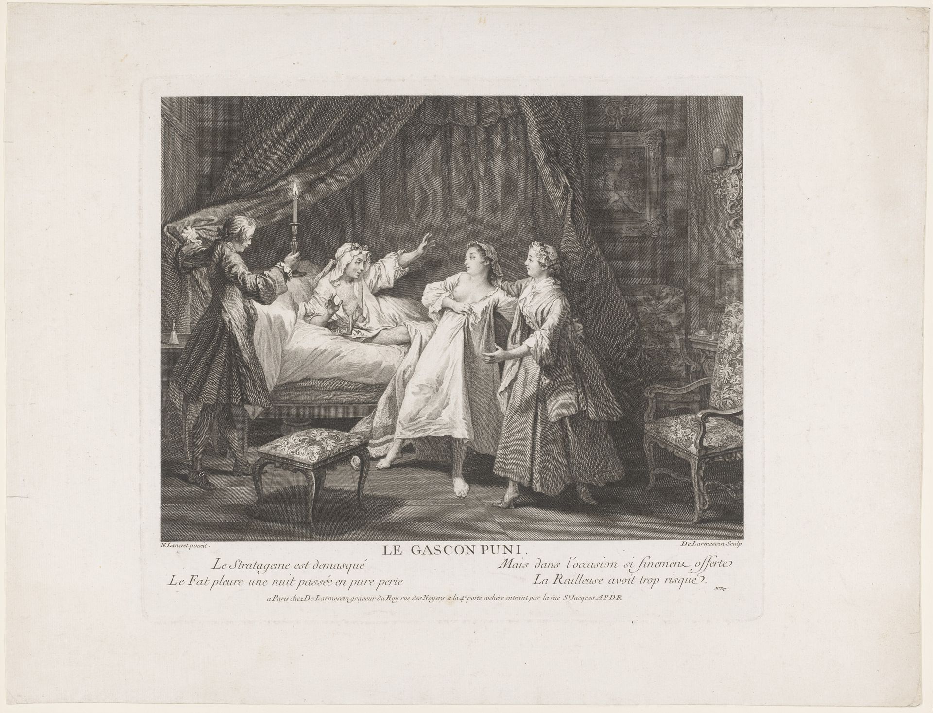 Slaapkamerinterieur met geschrokken man in een bed by Nicolas de (III) Larmessin