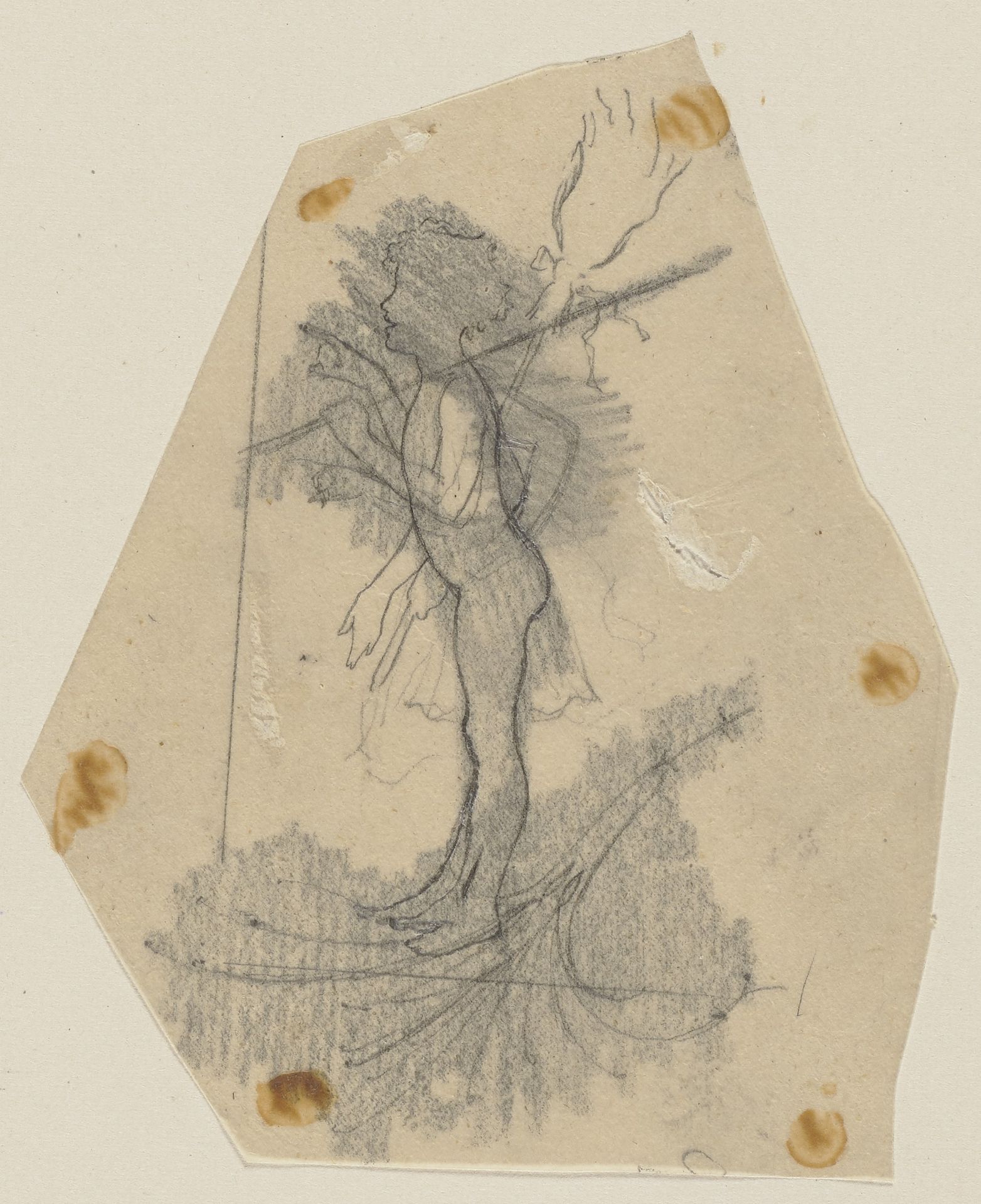 Puck mit erhobenem Zeigefinger, (in die Seite gestütztem Arm) und leicht nach vorn gebeugtem Oberkörper, einen Besen haltend und auf einem Ornament stehend by Paul Konewka