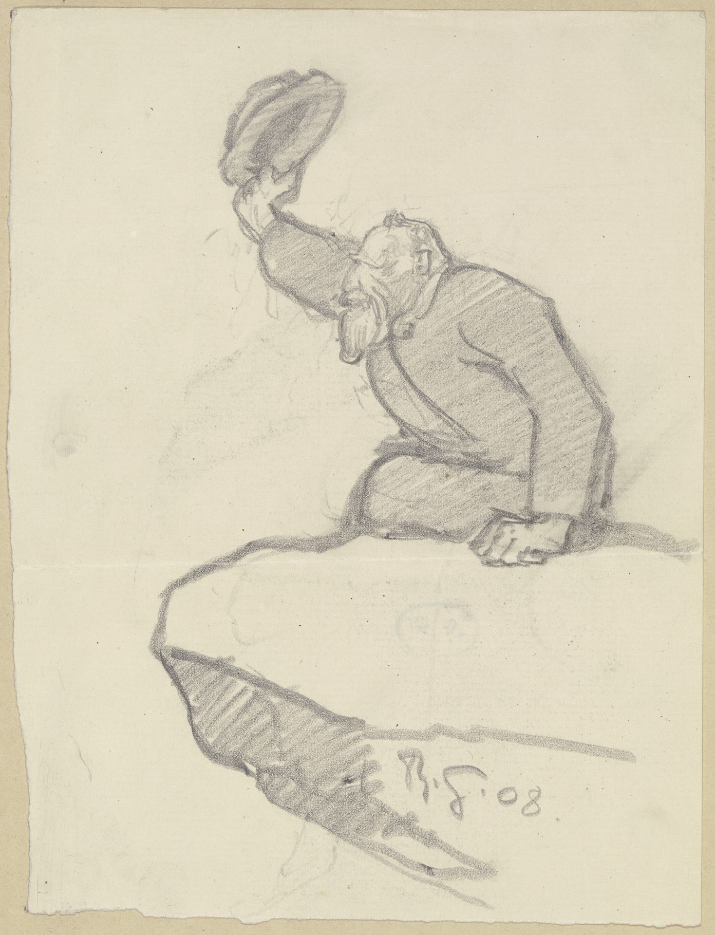 Alter Mann, von einem Felsvorsprung seinen Hut zum Gruße hebend by Rudolf Gudden