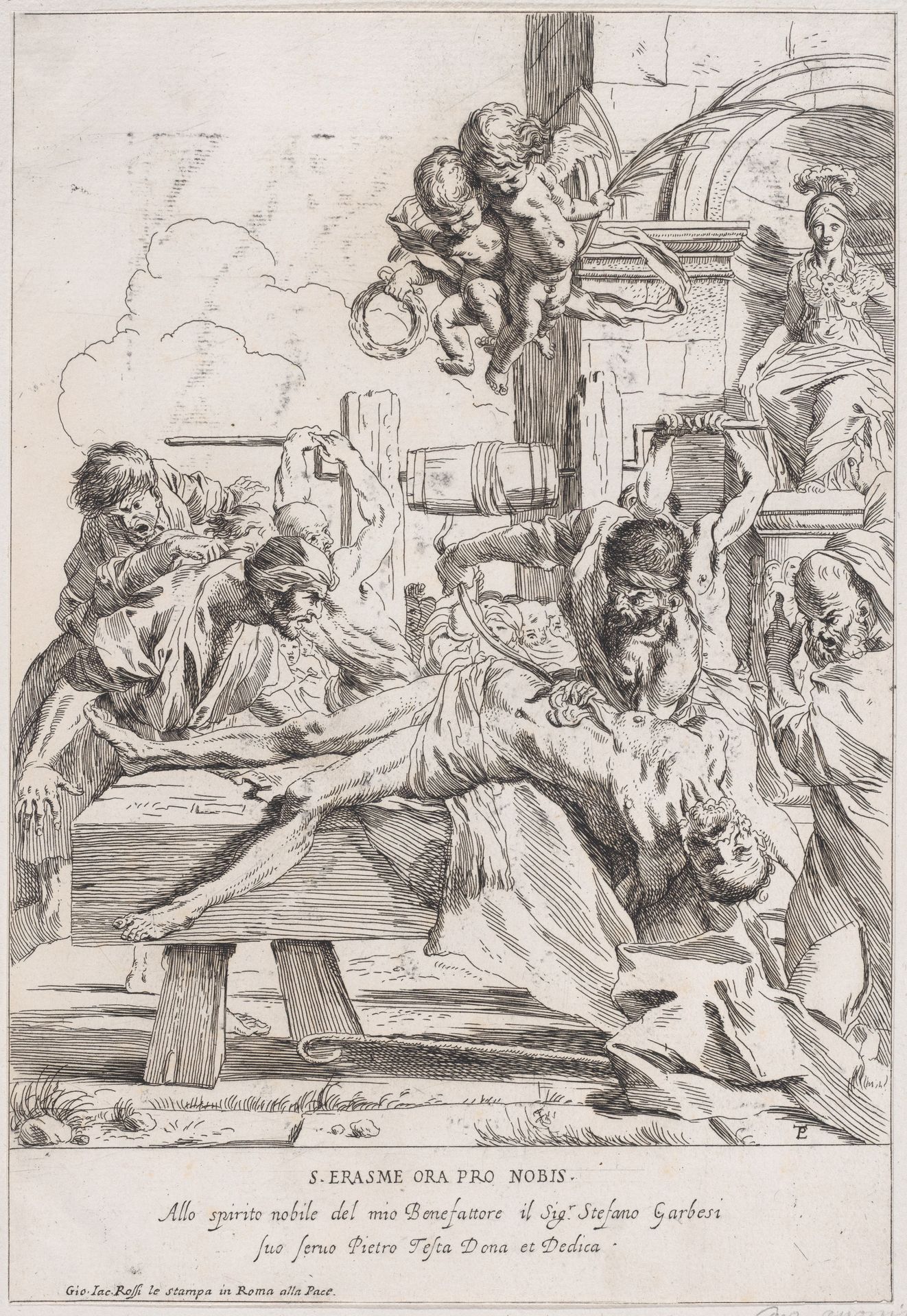 The martyrdom of Saint Erasmus who is prostrate having his innards removed by Anonymous