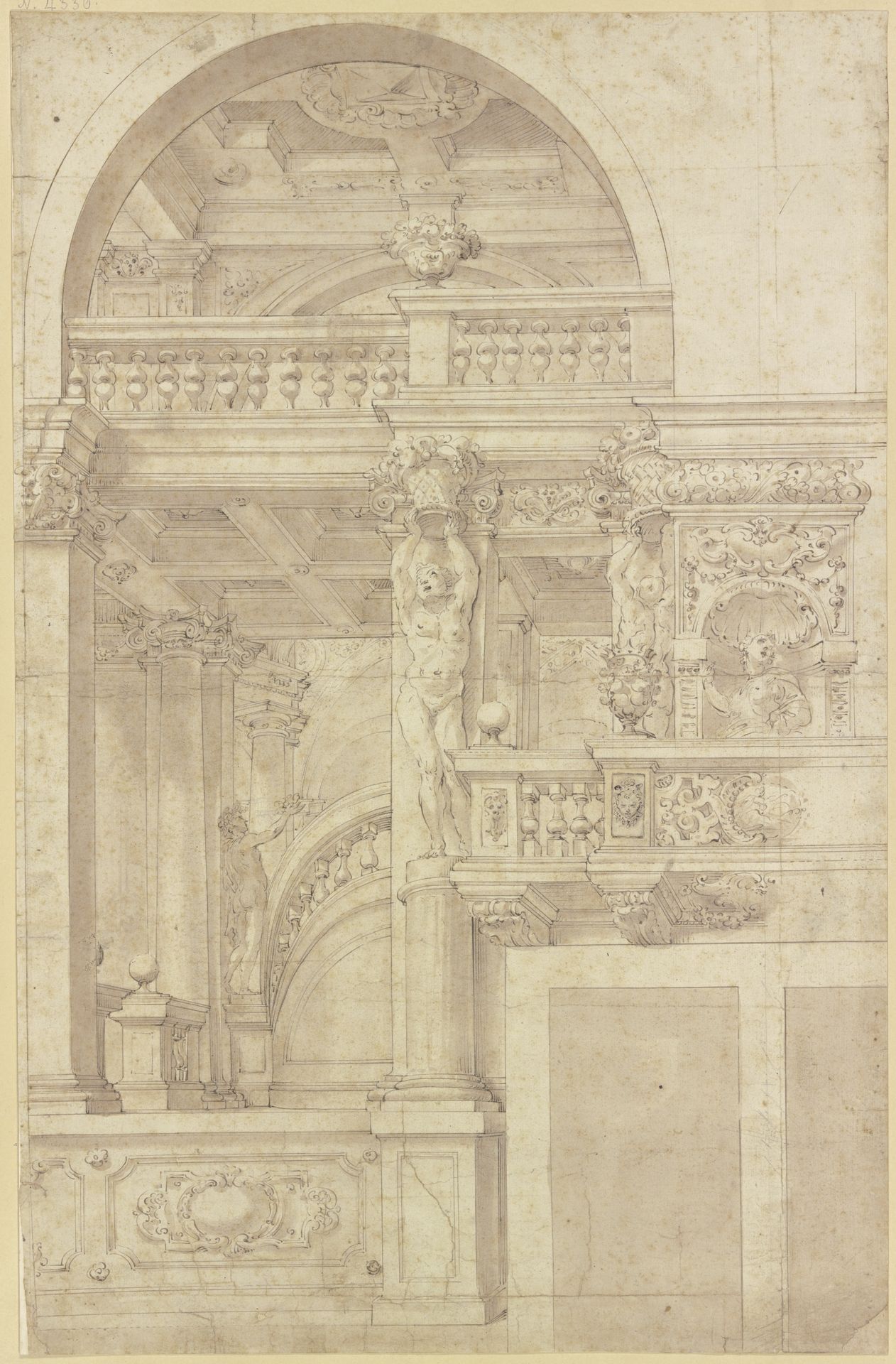 Treppe in einer mit Karyatiden geschmückten Säulenhalle by Antonio Roli