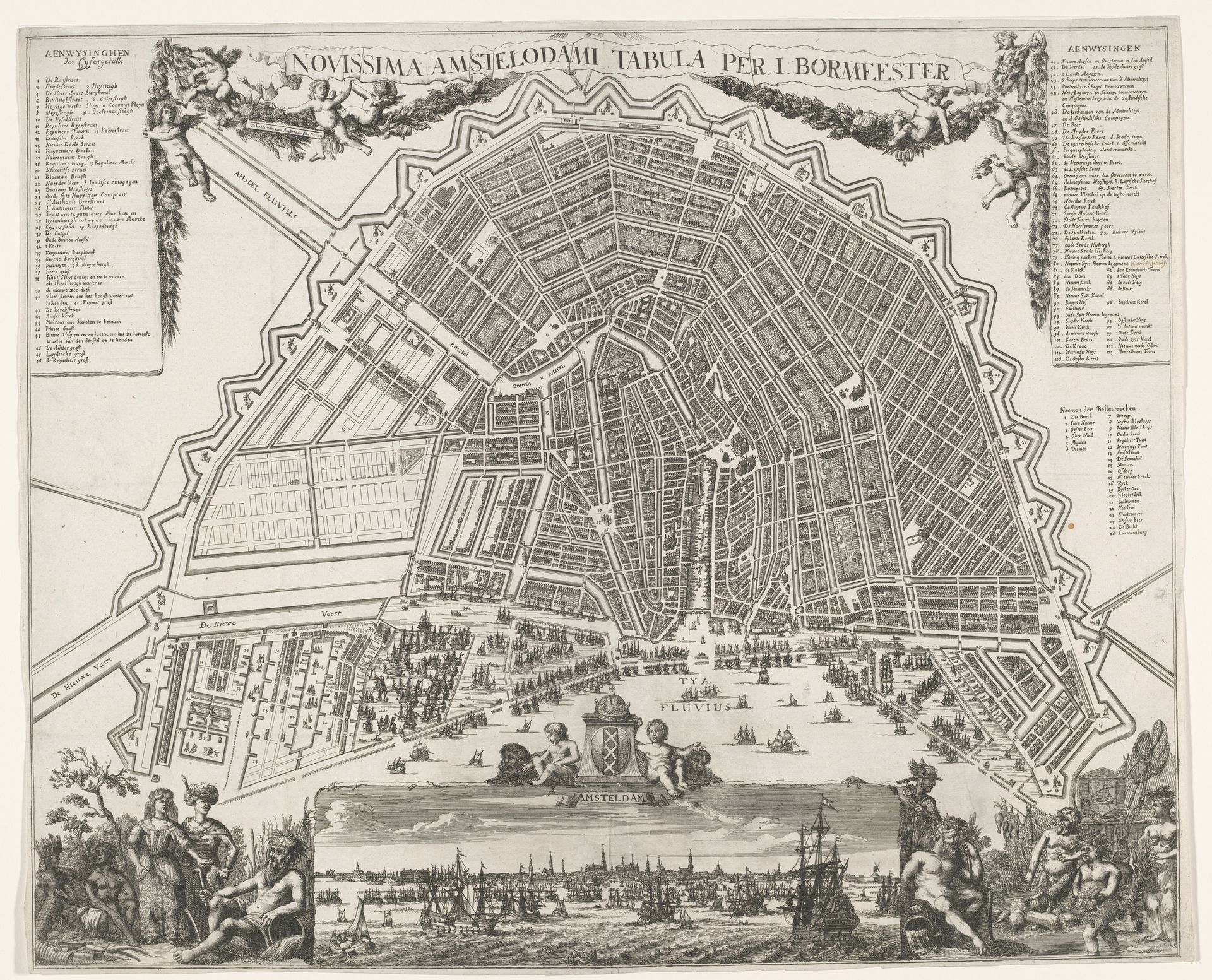 Plattegrond van Amsterdam met stadsgezicht by Johannes Kip