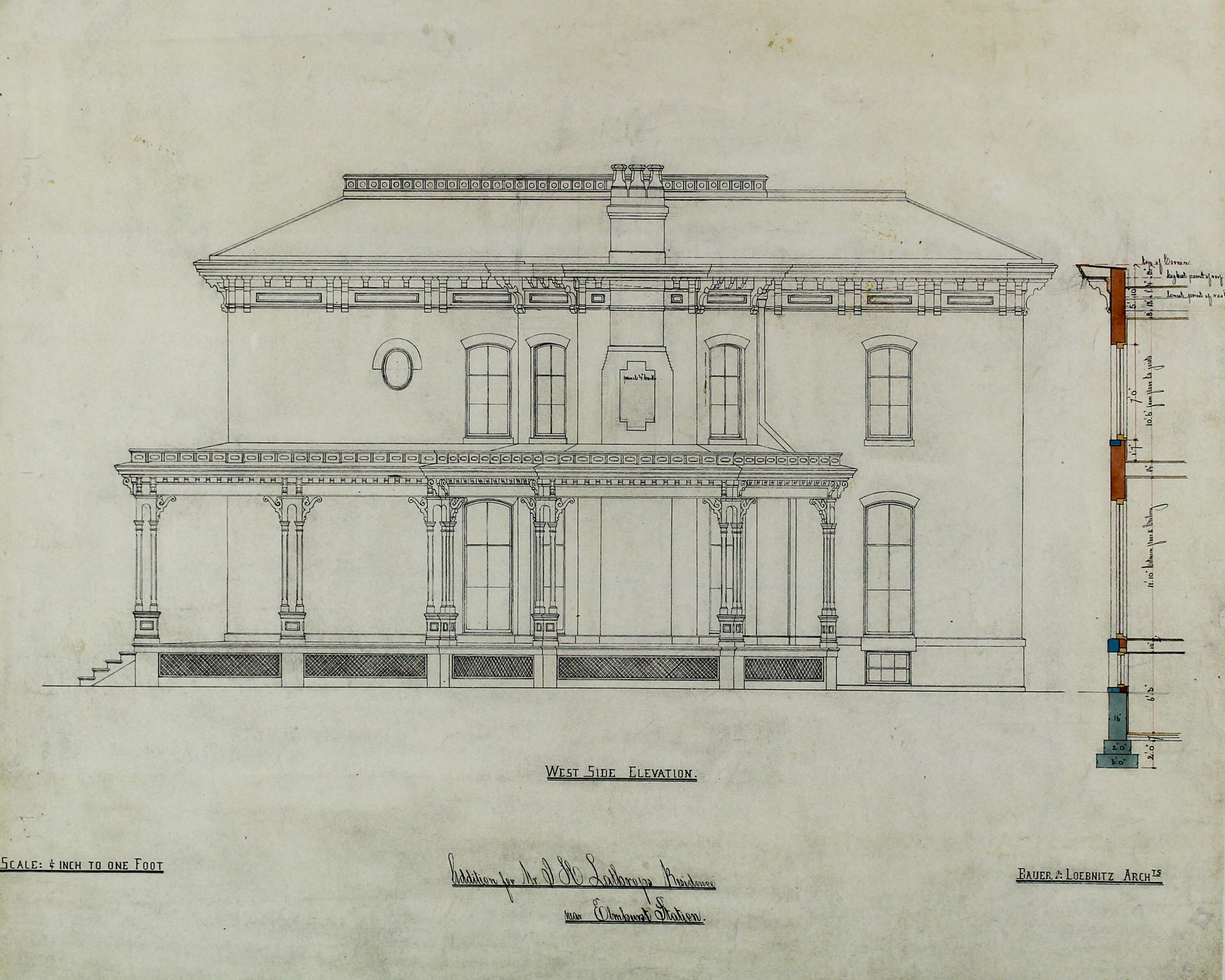 Joseph H. Lathrop House Addition, Elmhurst, Illinois, Elevation and Section by Bauer and Loebnitz