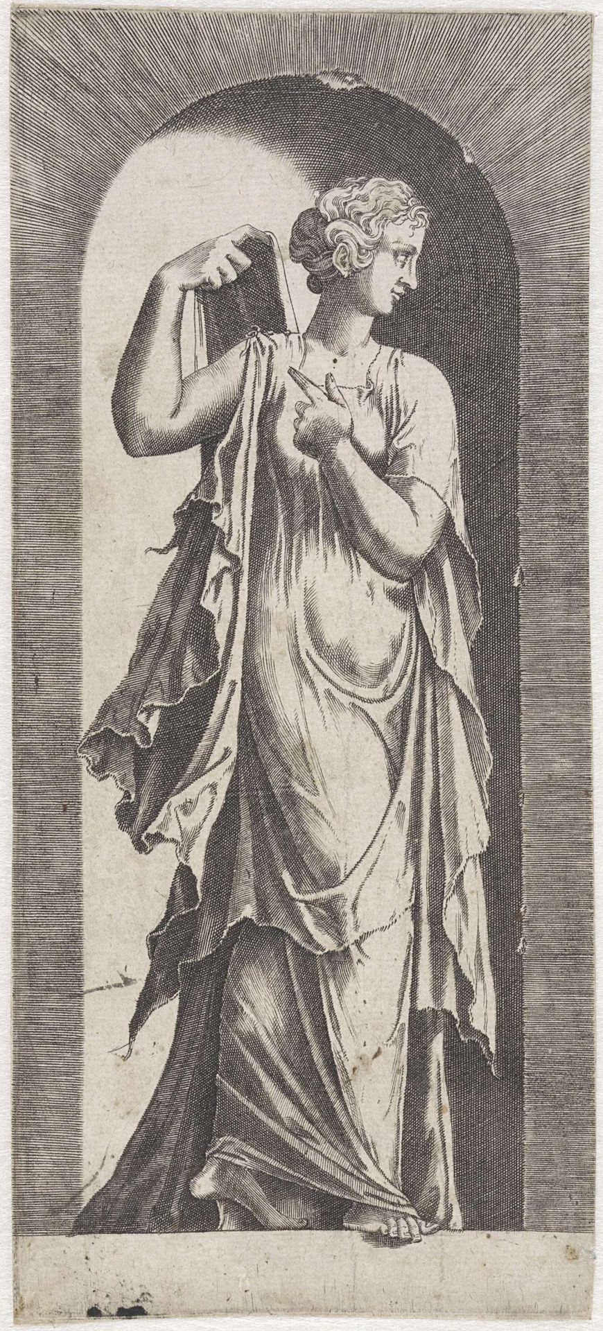 Sibille een draperie ophoudend boven de schouder by Lambertus Suavius