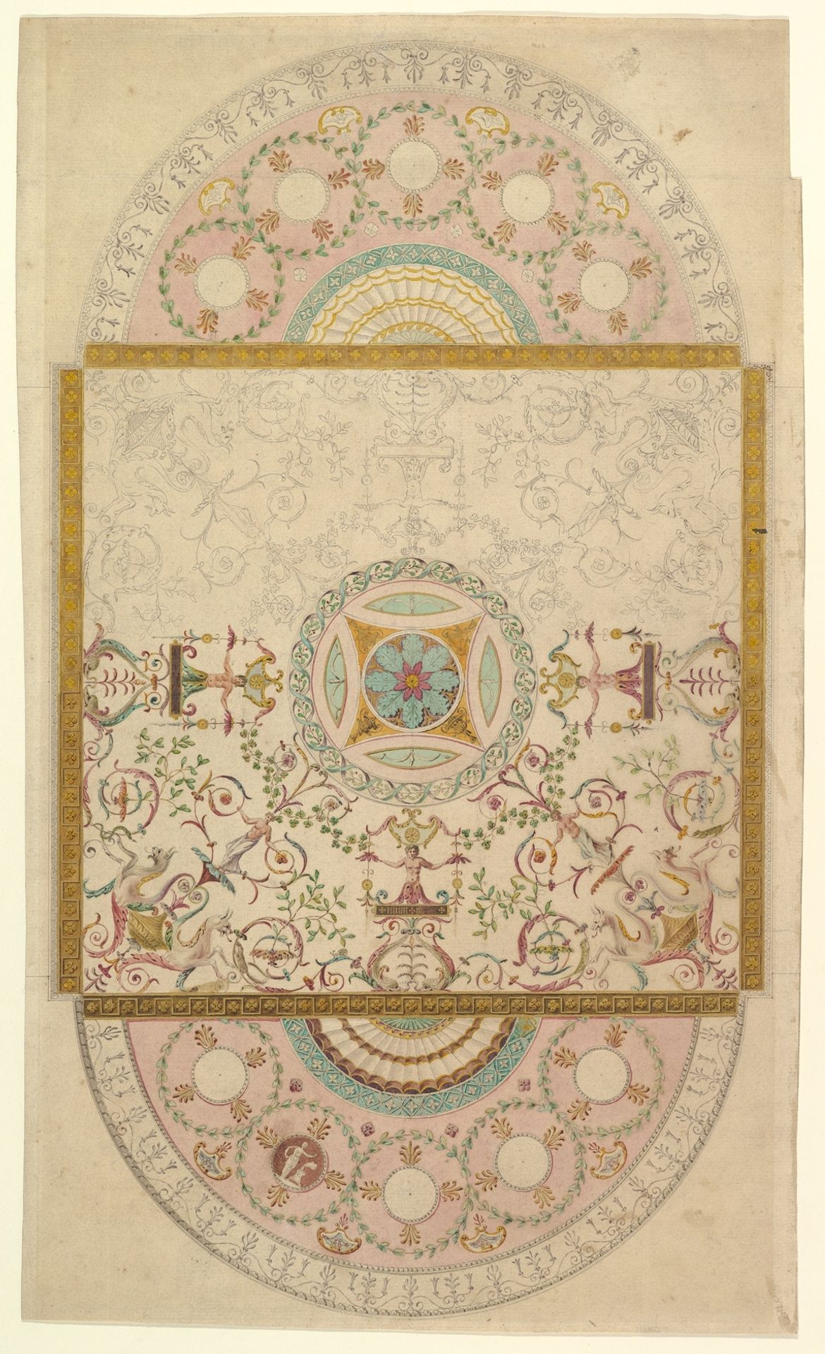 Design for a Ceiling with Square Central Compartment and Semicircular Ends, the Ornament of Foliage and Grotesque Motifs by Anonymous