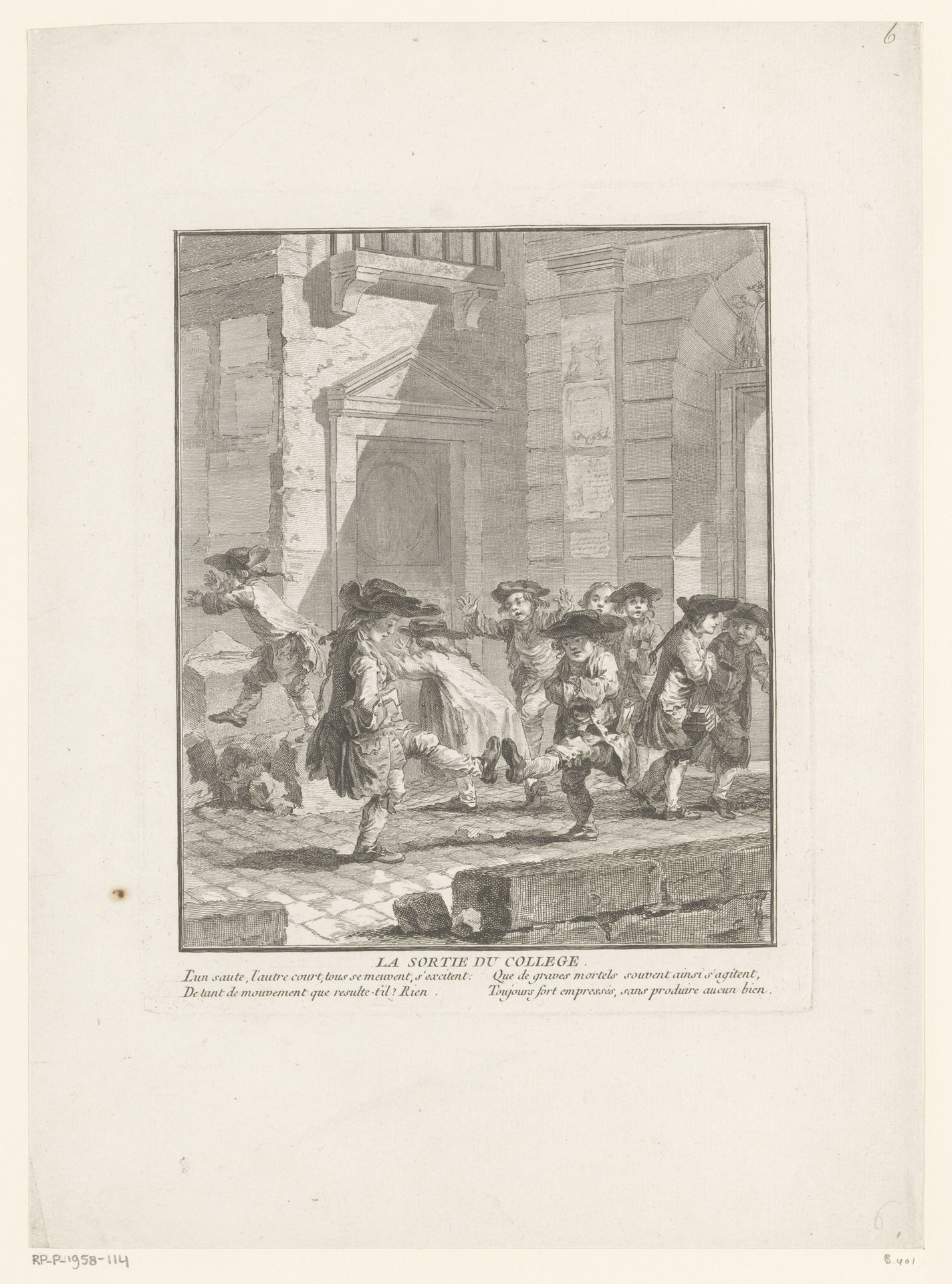 Groep schooljongens op straat, twee jongens doen een dansspel by Augustin de Saint-Aubin