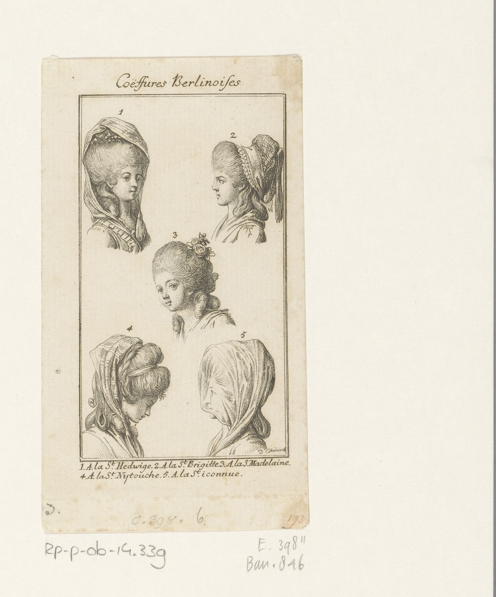 Kapsels en hoofddeksels voor dames by Daniel Nikolaus Chodowiecki