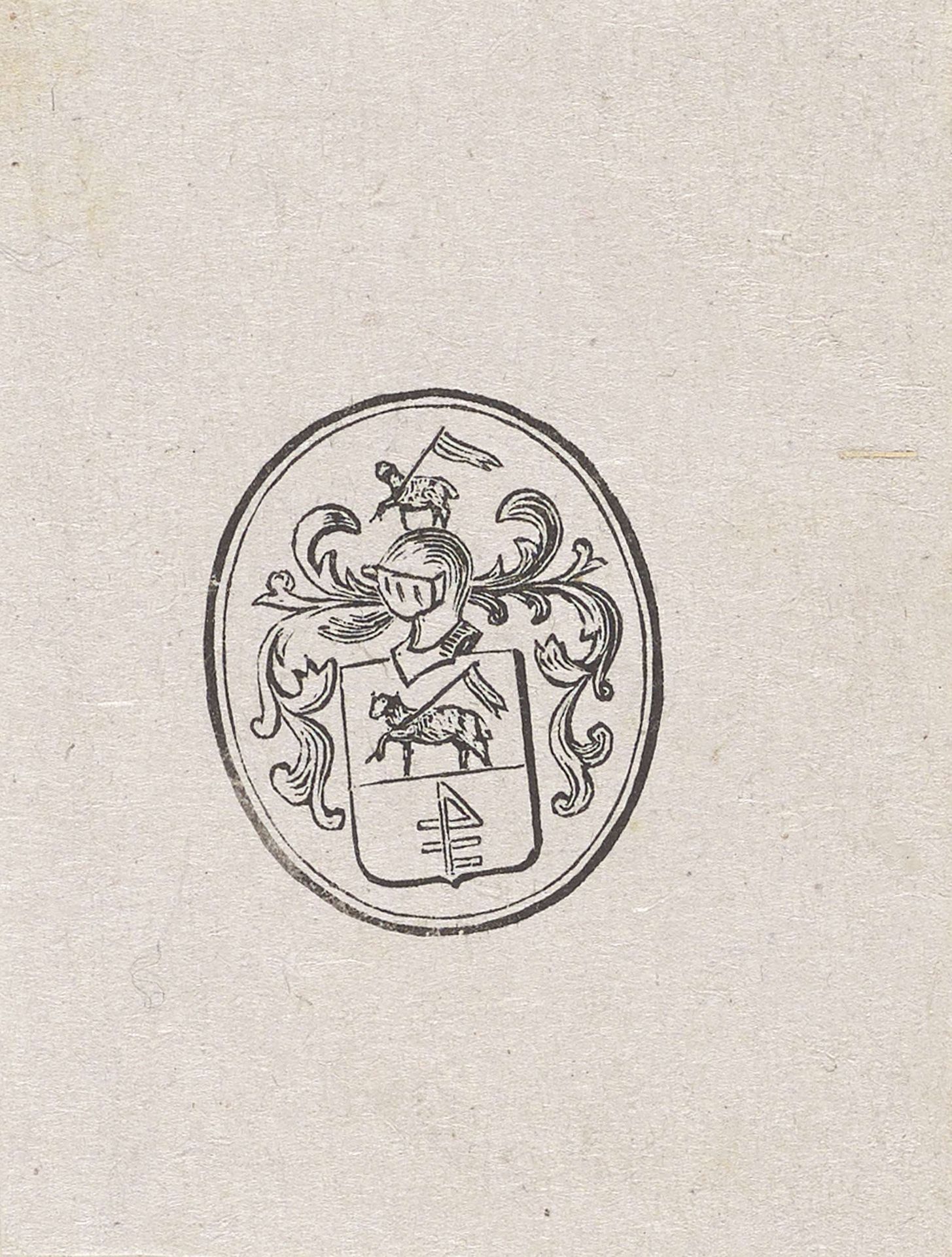 Vignet met een helm, een dier met een vaandel en een wapen in een ovaal by Isaac Weissenbruch