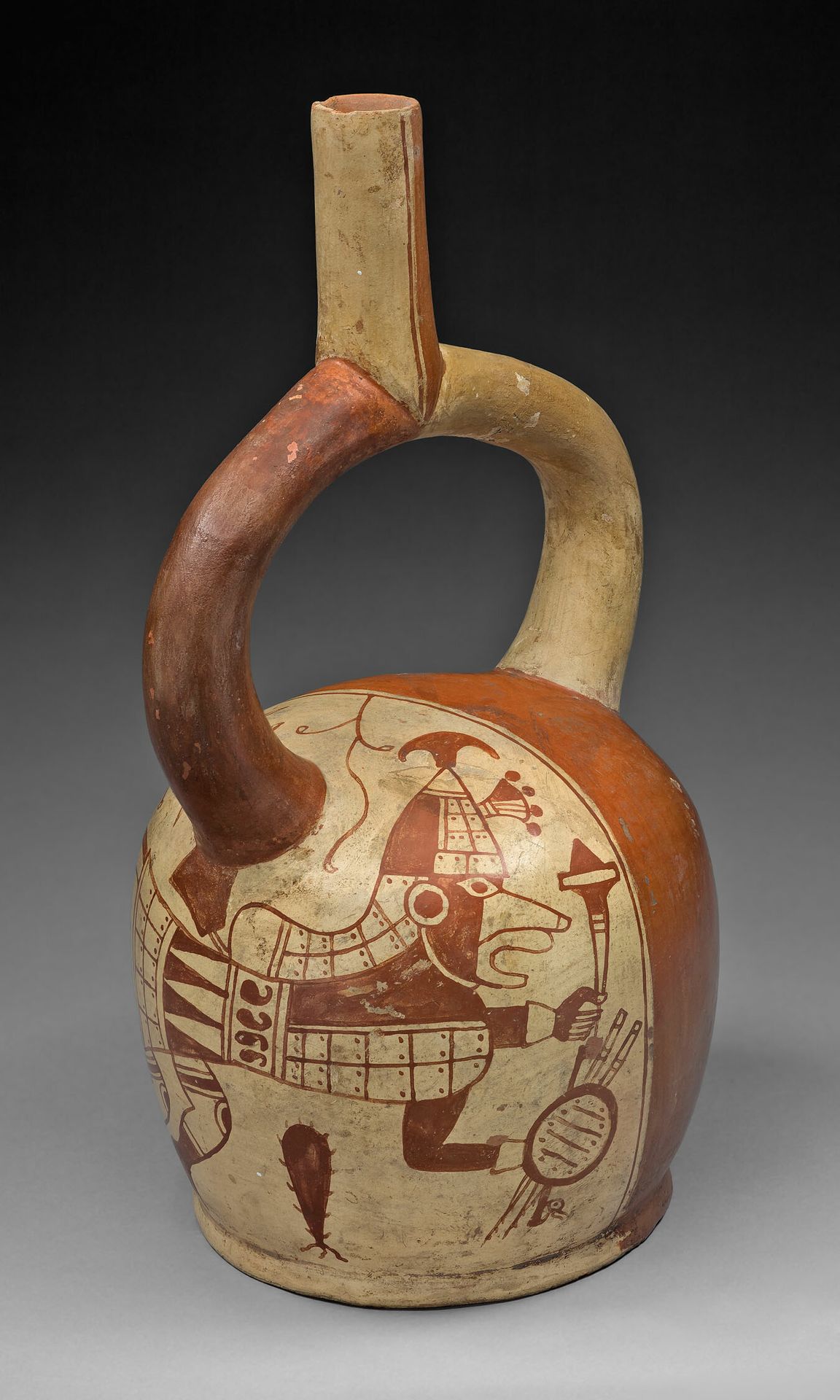 Stirrup Spout Vessel with Fineline Fox Warrior Motif by Moche