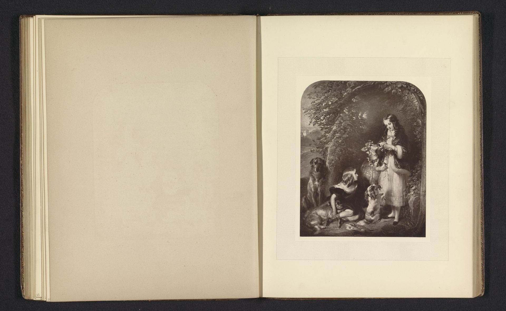 Fotoreproductie van een prent naar een schilderij met twee meisjes en dieren door Edwin Henry Landseer by Anonymous