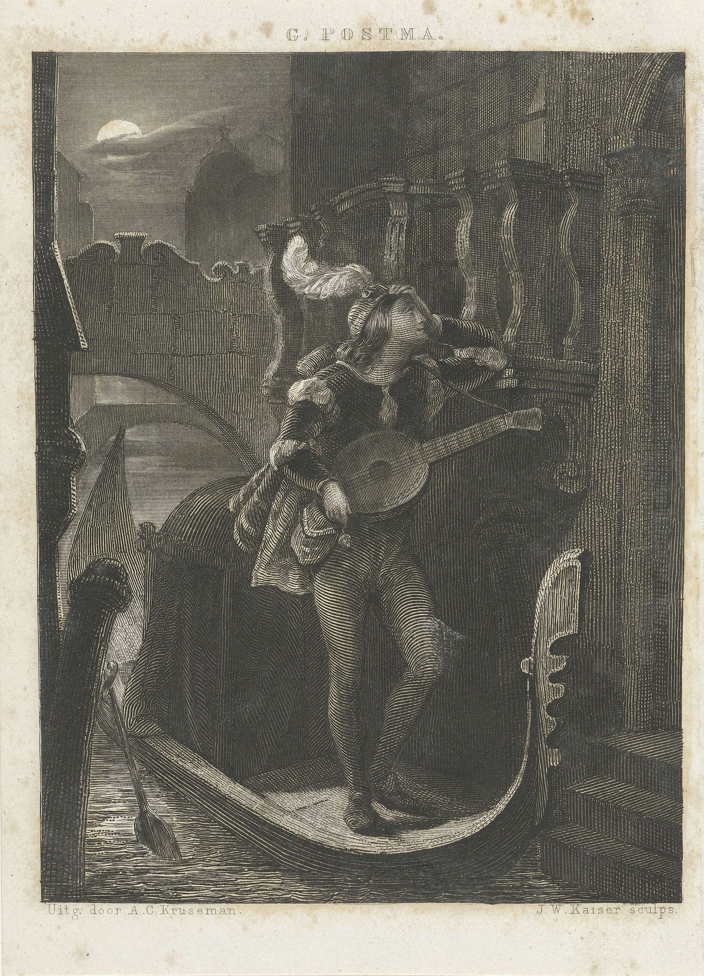 Gondel bij maneschijn by Johann Wilhelm (I) Kaiser