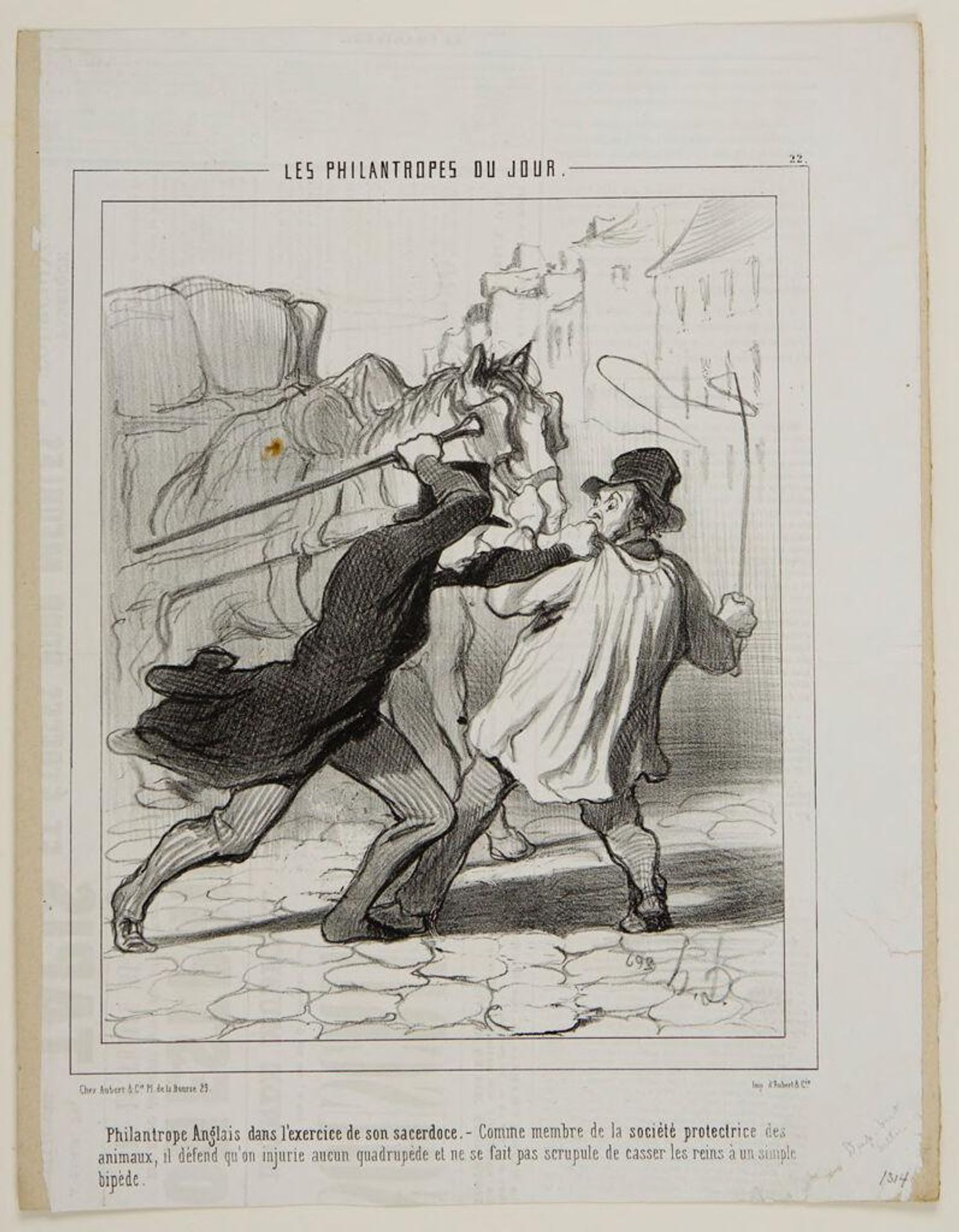 An English Philanthropist Exercising His Sacred Duty. - As a Member of the Society to Protect Animals, He Prevents Injury to Any Quadruped and Has No Scruples against Beating Up a Simple Biped. by Honoré Daumier