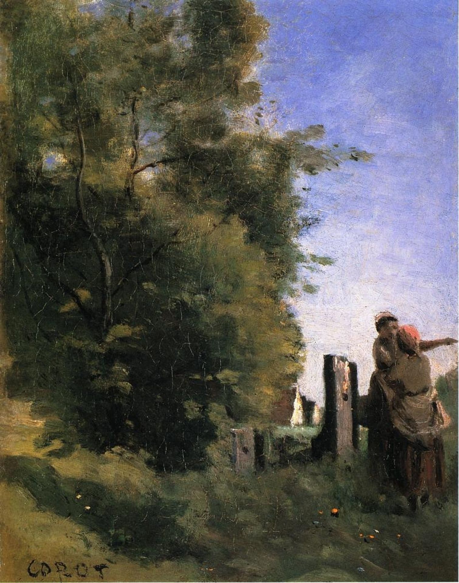 Two Women Talking by a Gate by Camille Corot