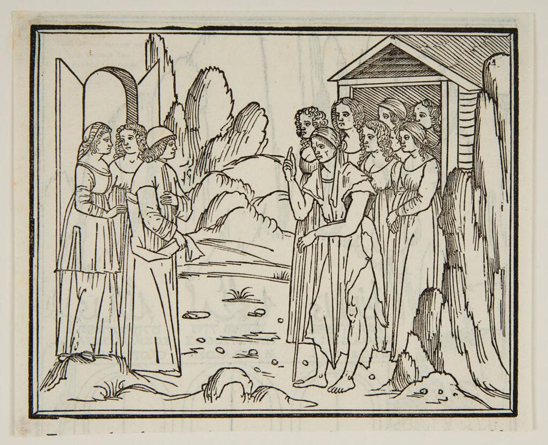 Poliphilus meeting at the gate of the venerable matron, followed by her six young female attendants (fol. viii verso) by Anonymous