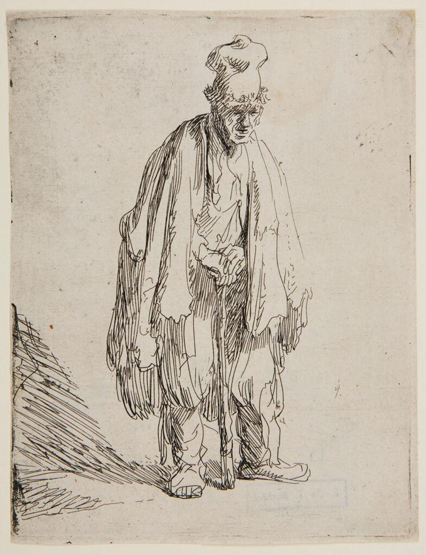 Beggar in a High Cap, Standing and Leaning on a Stick by Rembrandt van Rijn