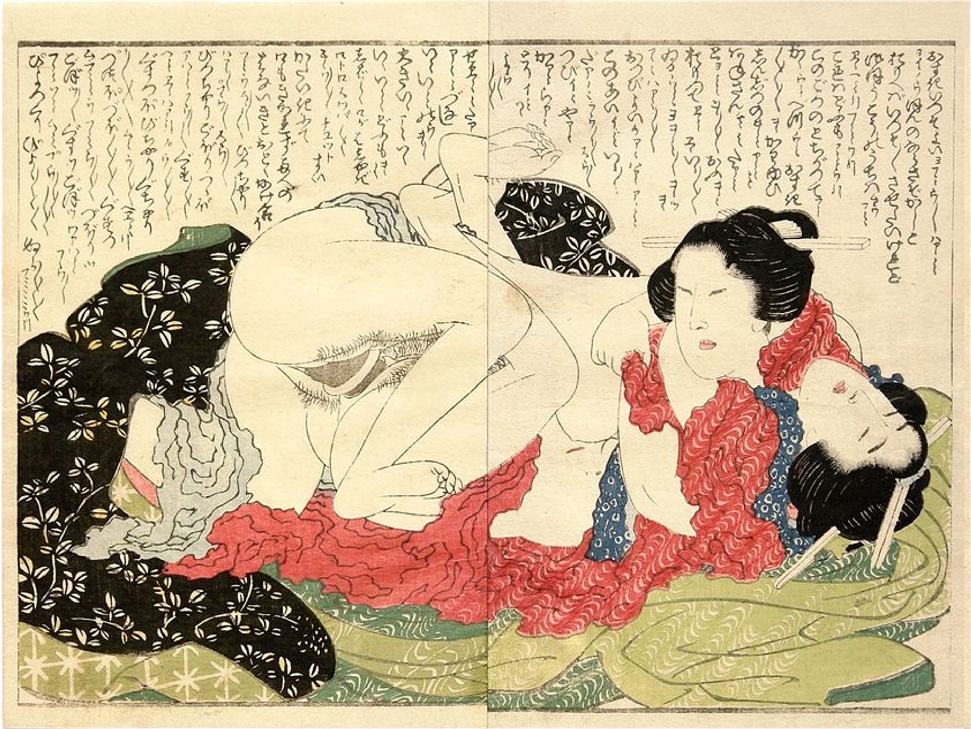 Two women having sex with one of them wearing a harikata (artificial phallus) by Katsushika Hokusai