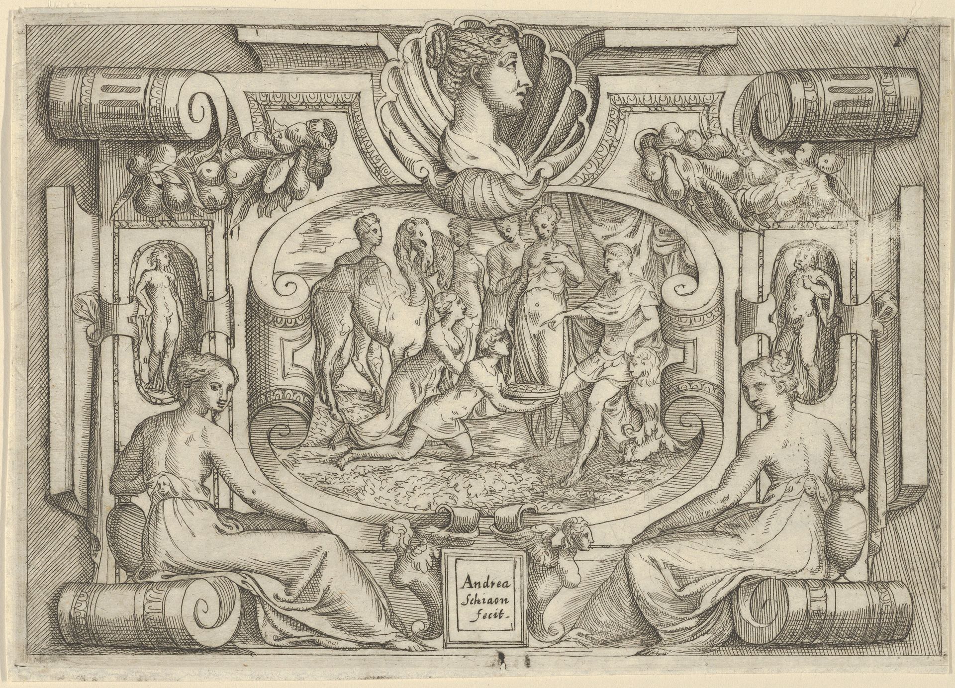 A man and woman offering a platter of coins to a king seated on a throne, set within an elaborate frame by Battista Angolo del Moro