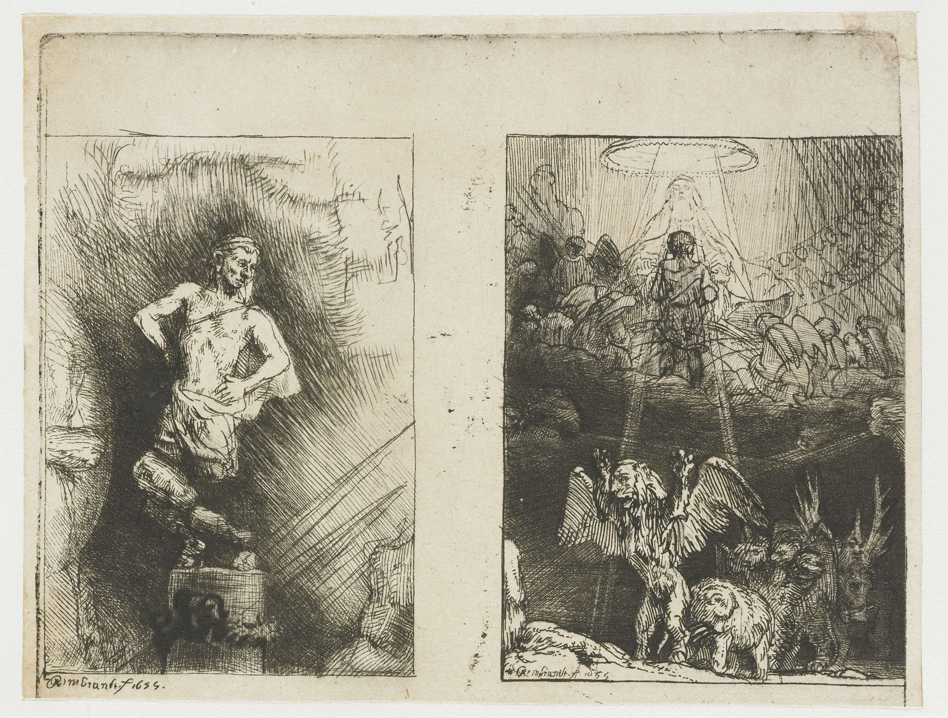 ["Two illustrations to Menasseh Ben Israel's 'Piedra Gloriosa'", 'The image seen by Nebuchadnezzar', "Daniel's vision of the four beasts"] by Rembrandt van Rijn
