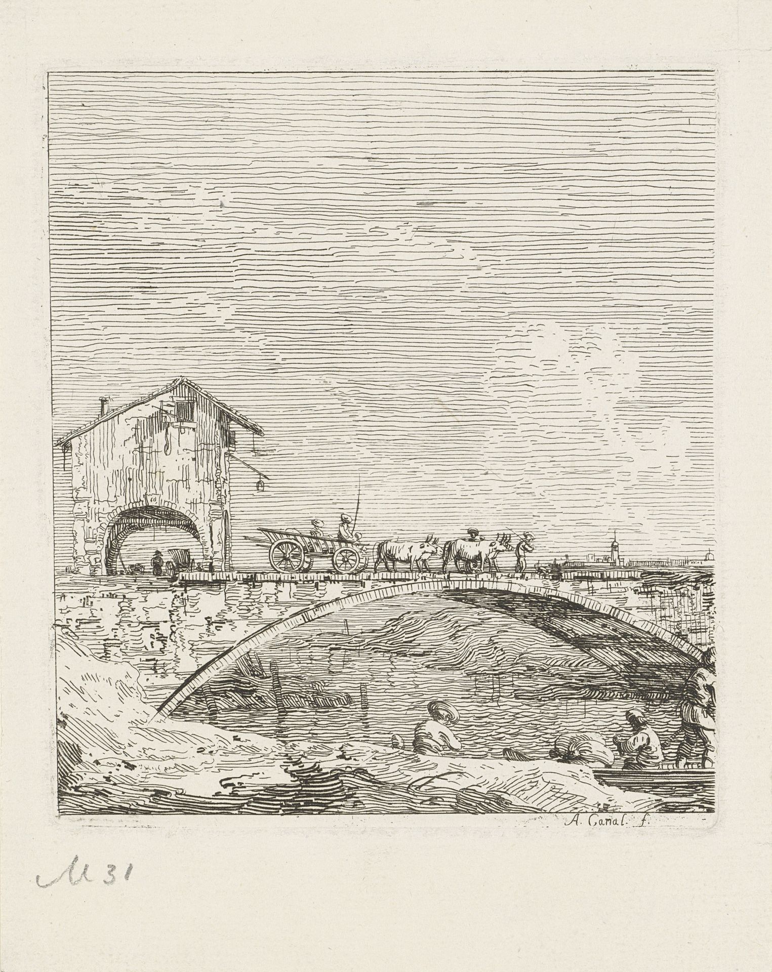 Landschap met wagen op brug by Canaletto