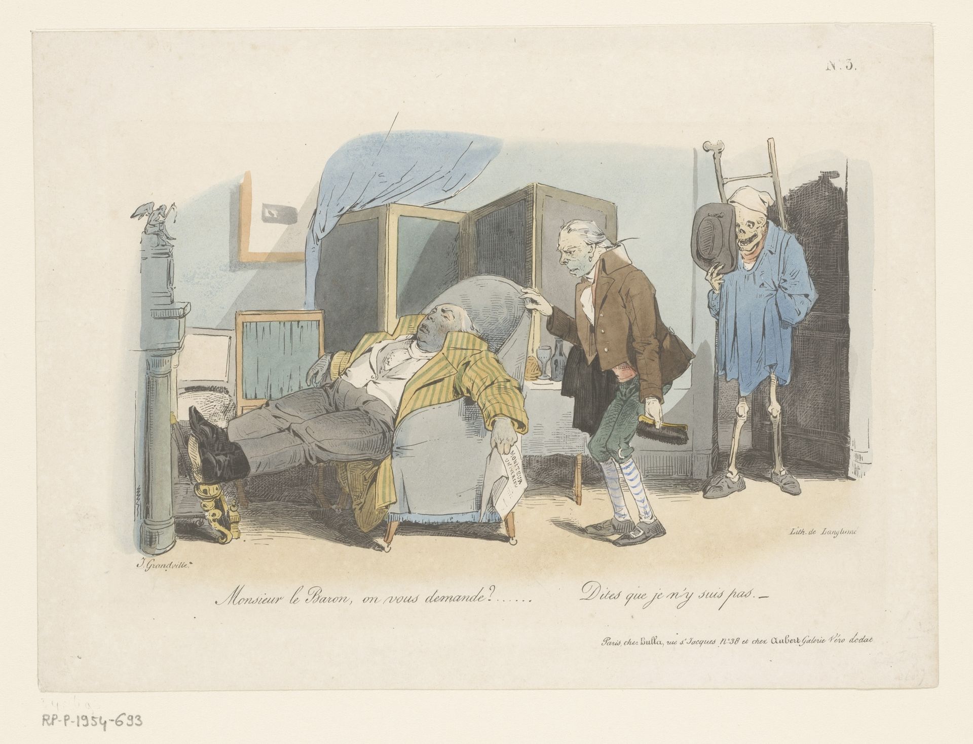 Baron wordt gehaald door een doodgraver en de Dood by Jean Ignace Isidore Gérard Grandville