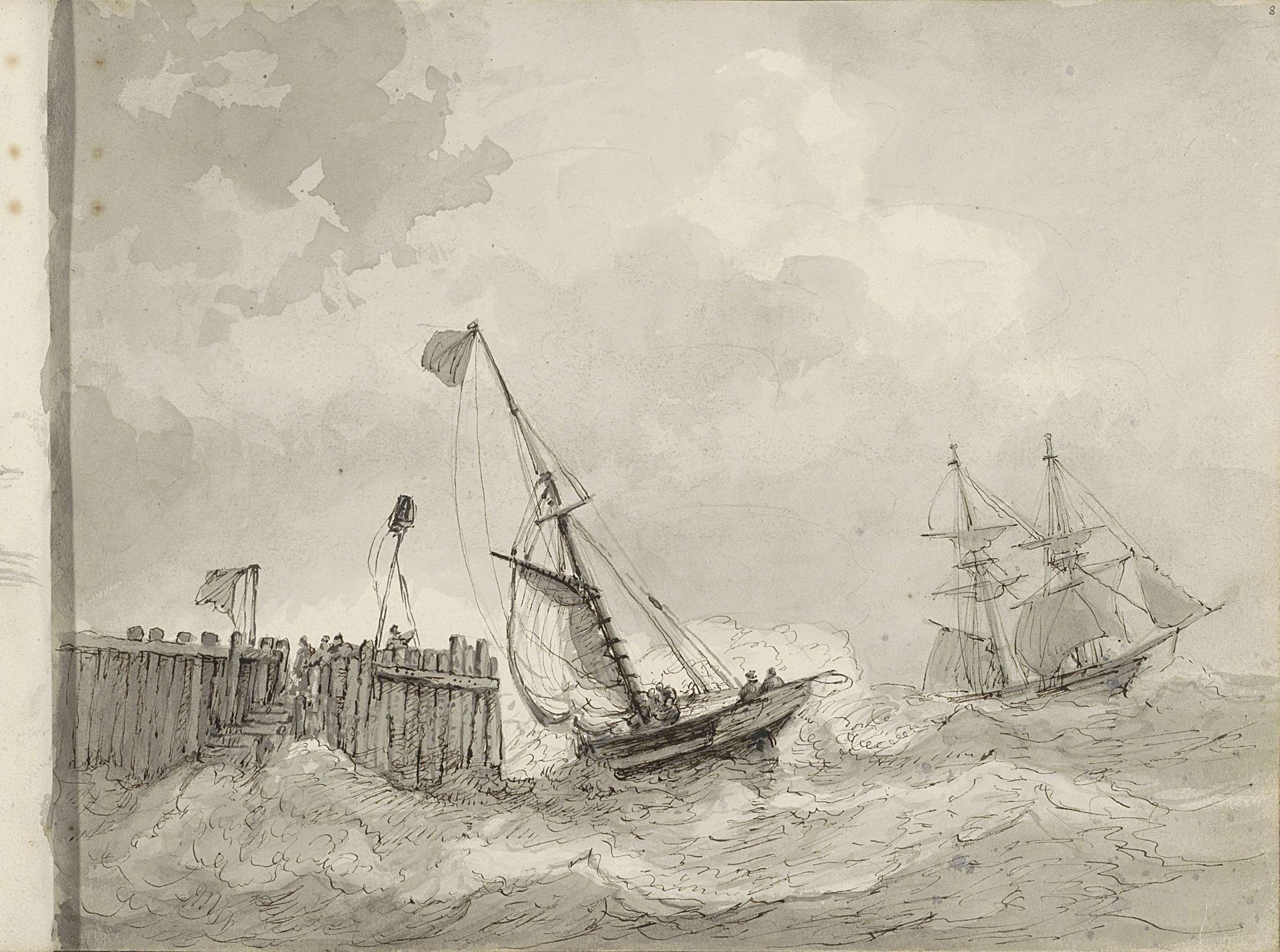 Twee zeilschepen bij een aanlegplaats by Petrus Johannes Schotel