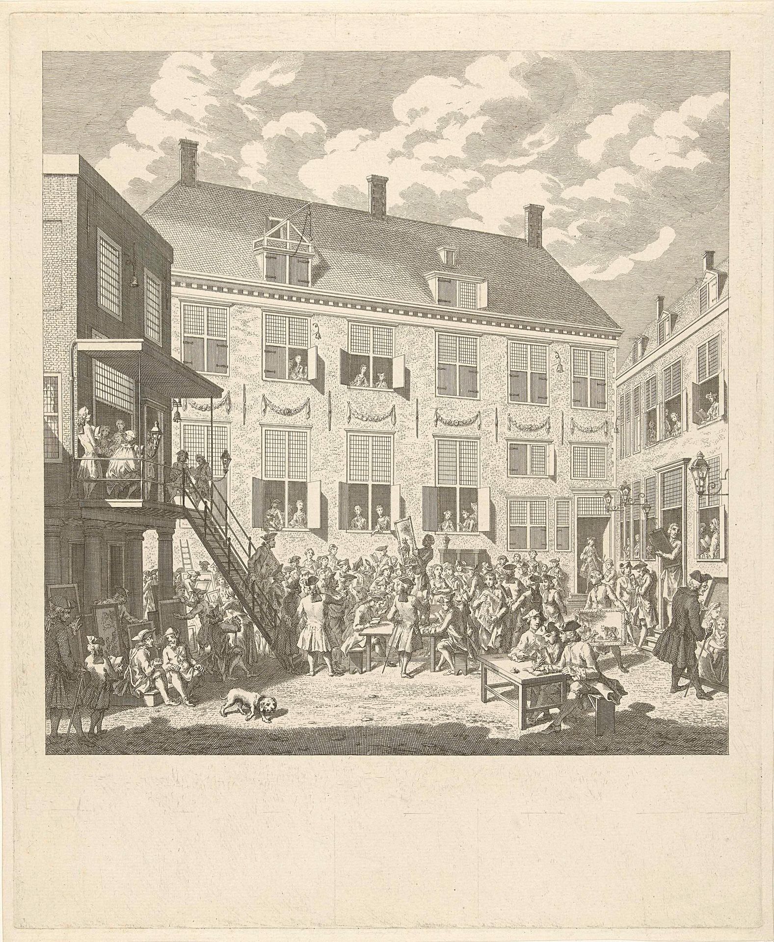 Gezicht op het Oudezijds Herenlogement te Amsterdam en een schilderijenverkoop, 1773 by Simon Fokke
