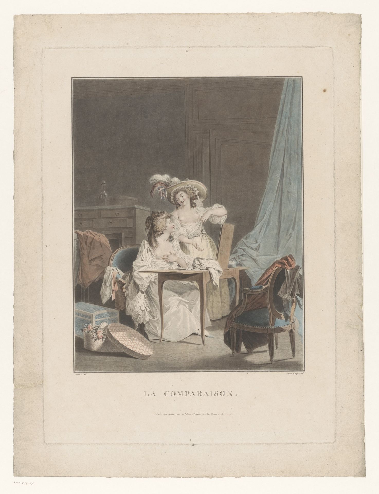 Twee vrouwen met ontblote borsten voor een spiegel by Jean François Janinet