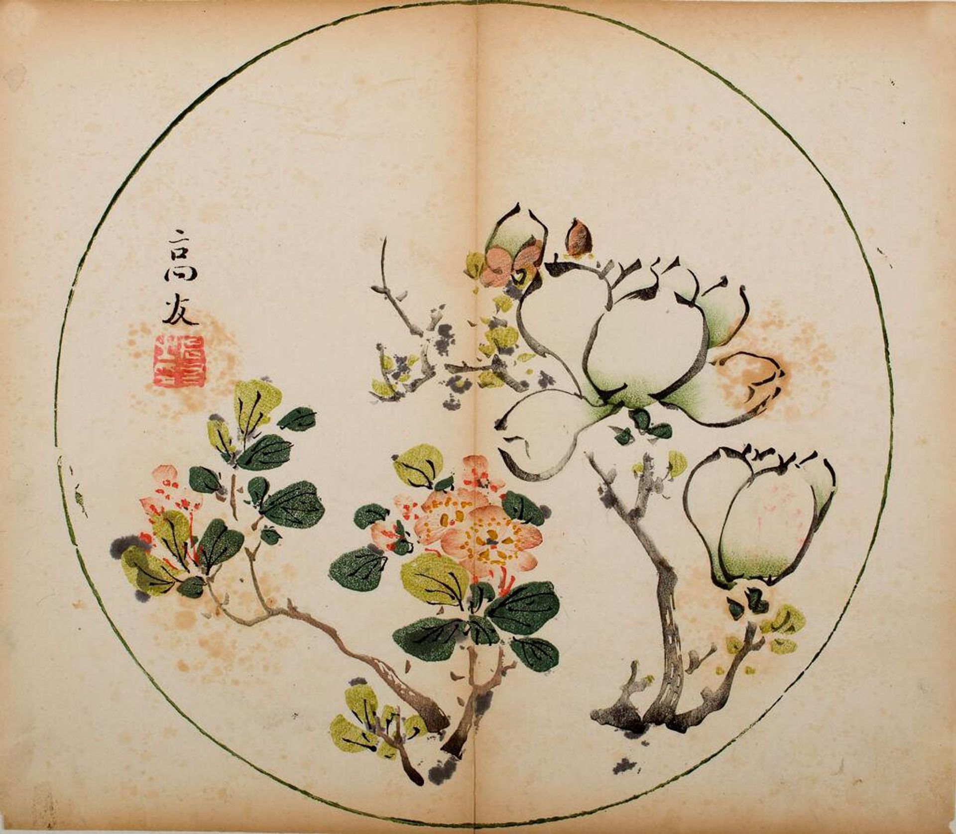 Flowering Branches in Circular Fan Shape -- Illustration from the Ten Bamboo Studio Manual of Calligraphy and Painting (Shizhuzhai shuhua pu) by Hu Zhengyan