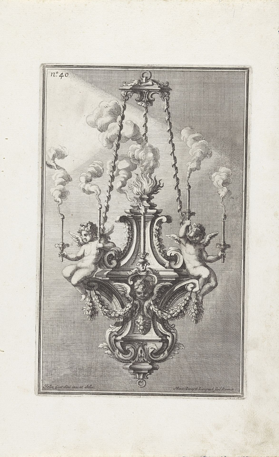 Kroonluchter met twee putti en een pauselijk wapen by Maximilian Joseph Limpach