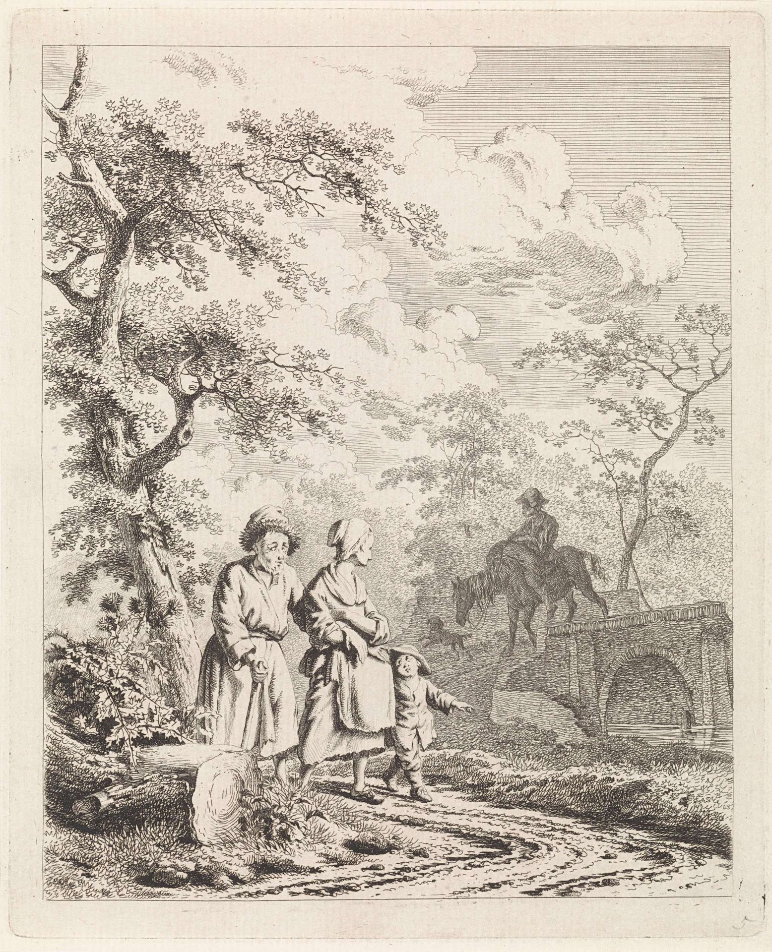 Grijsaard, vrouw en kind op een bospad by Leendert Overbeek