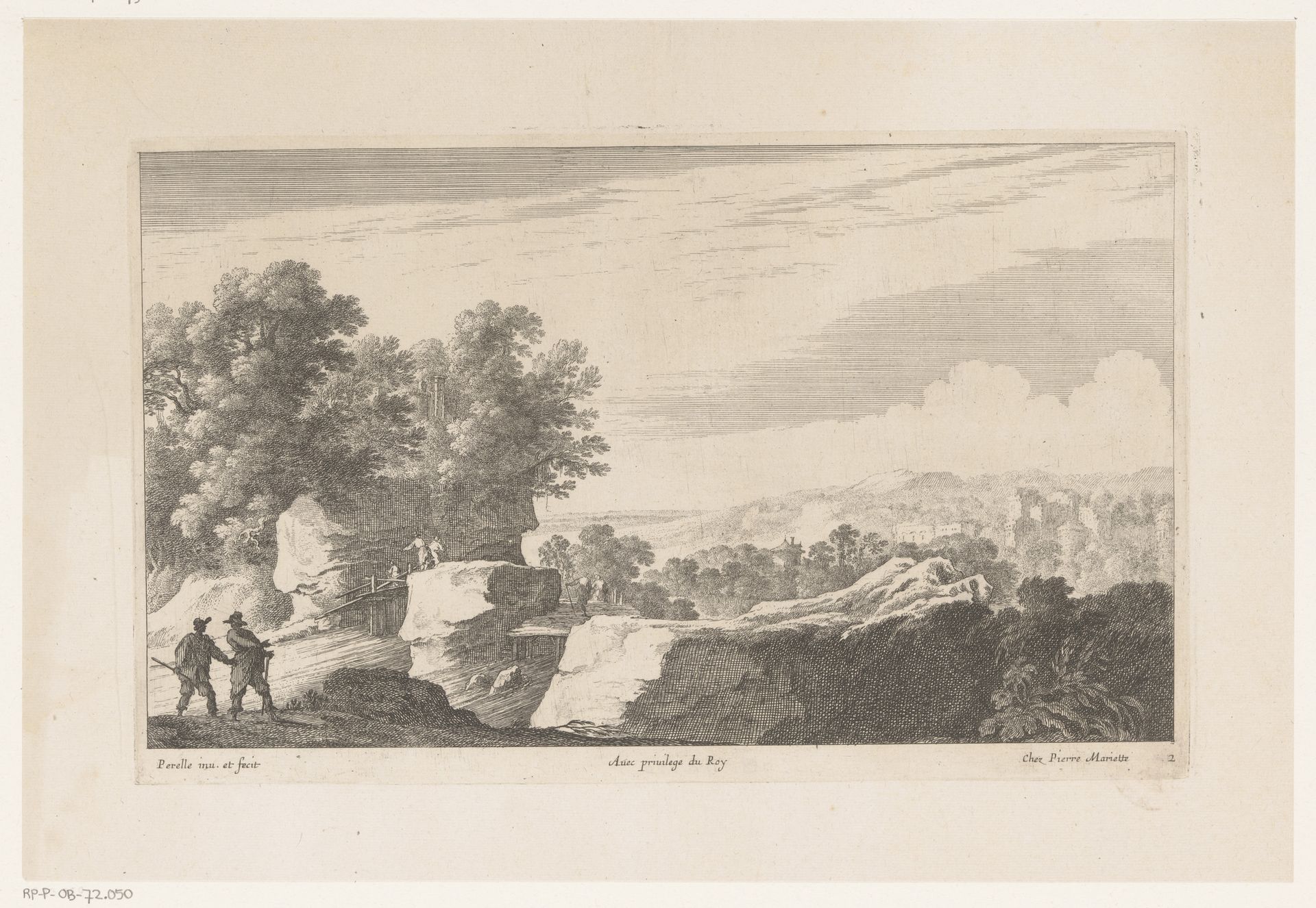Landschap met brug over snelstromende rivier by Nicolas Perelle