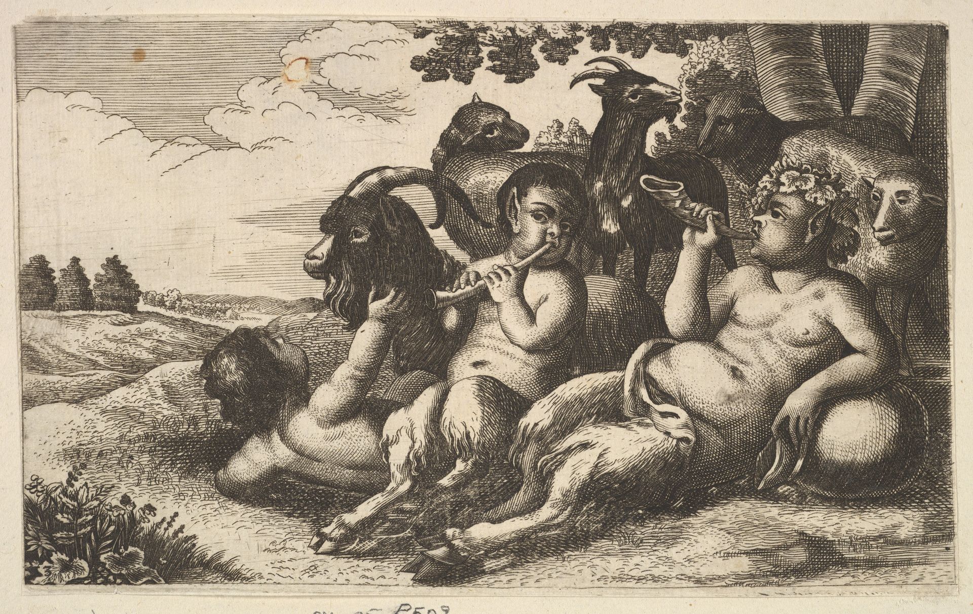 Two young satyrs and a boy (copy in reverse) by Wenceslaus Hollar