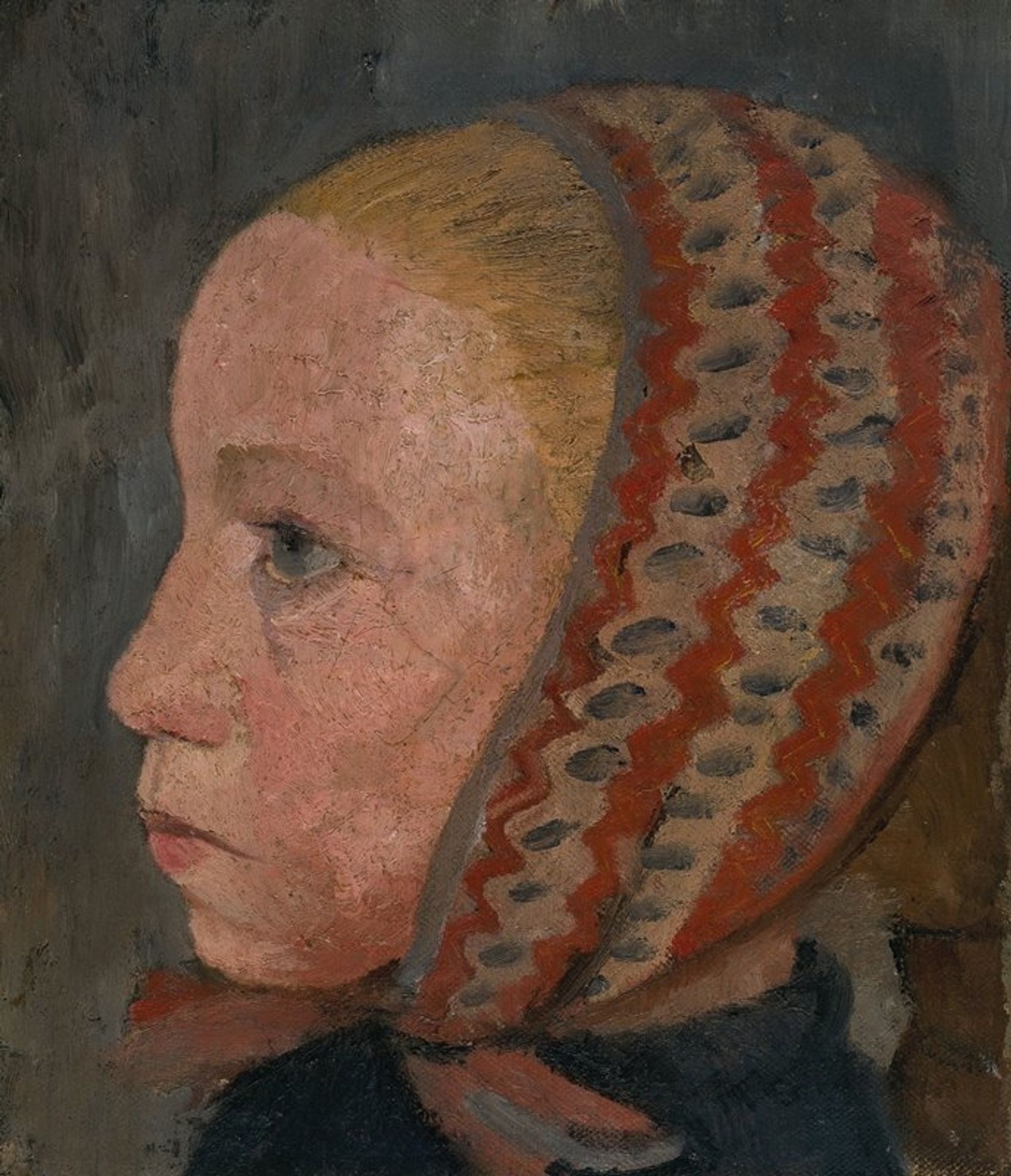 Girl’s head with a striped cap in profile to the left by Paula Modersohn-Becker