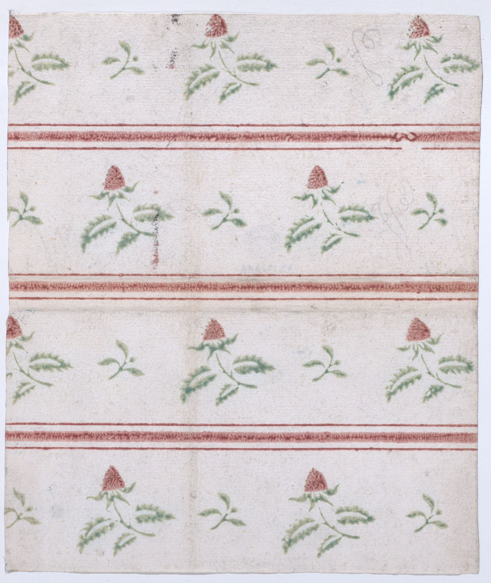 Sheet with overall leaf, flower, and stripe pattern by Anonymous