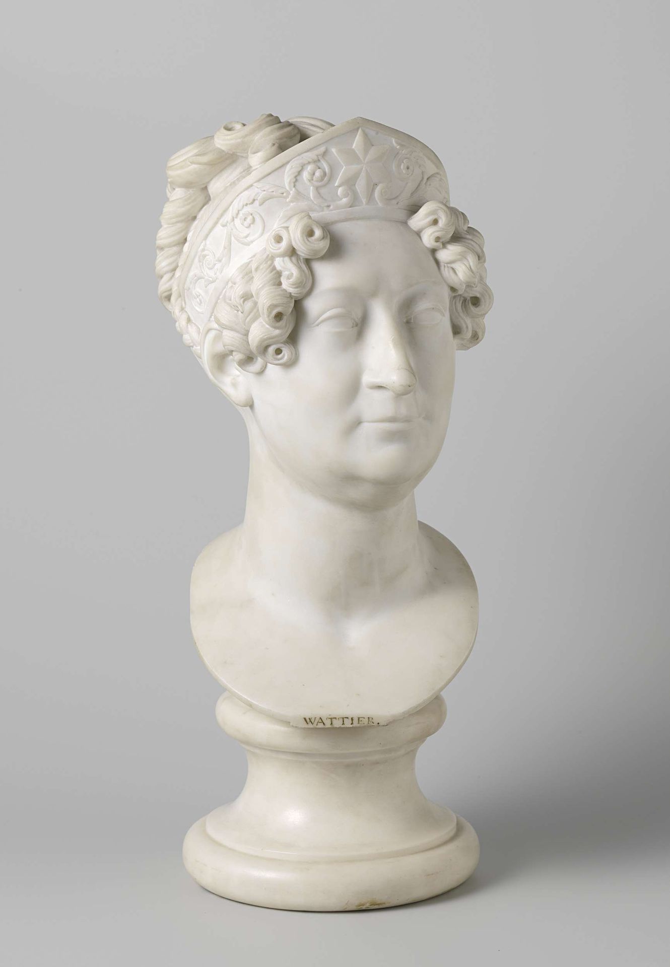 Portret van Johanna Cornelia Ziesenis-Wattier met wit marmeren sokkel by Paulus Joseph Gabriël