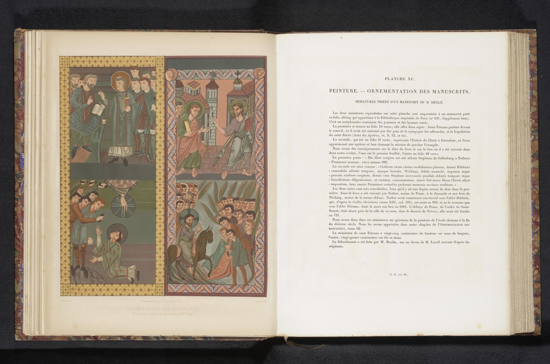 Reproductie van twee verluchte pagina's met Stefanus en Christus in Jerusalem by Moulin