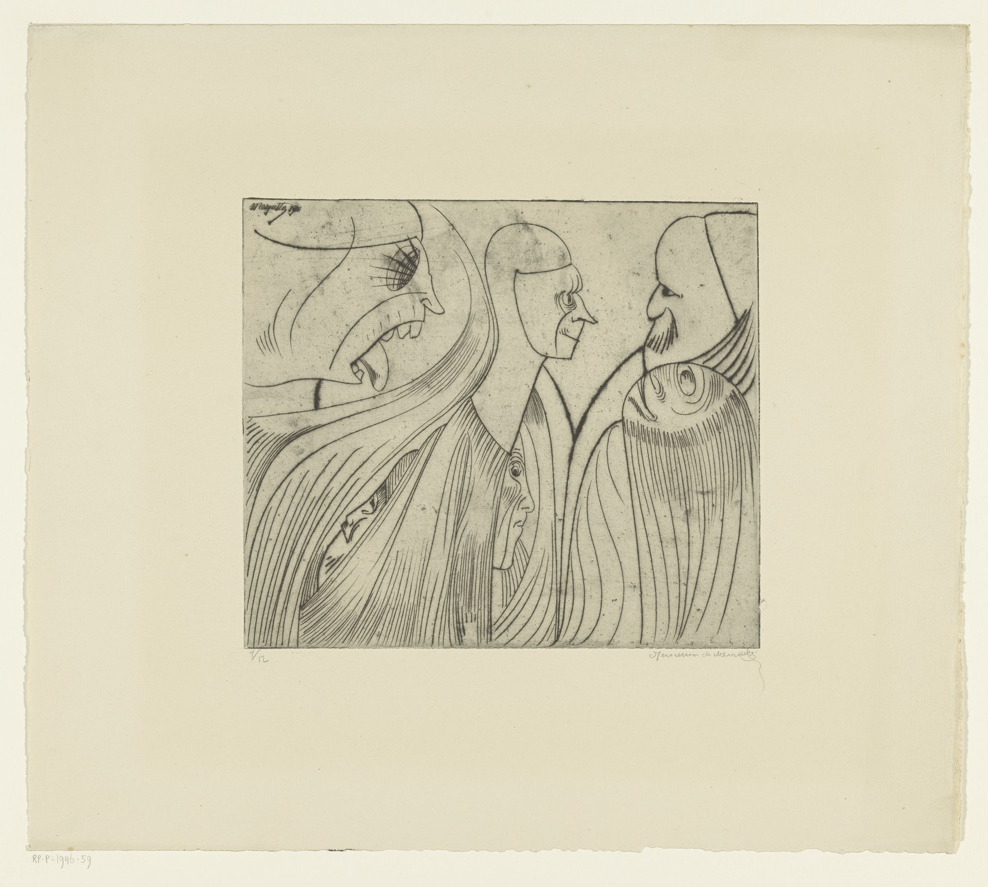 Groep figuren en gezicht met uitgestoken tong by Samuel Jessurun de Mesquita
