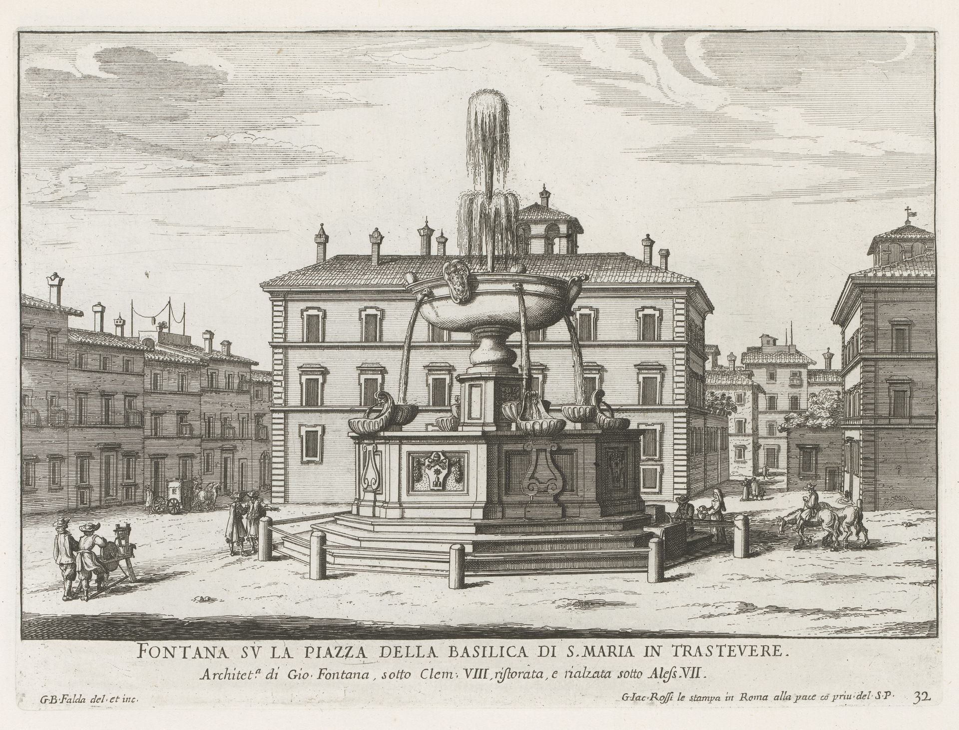 Fontein op Piazza Santa Maria in Trastevere by Giovanni Battista Falda