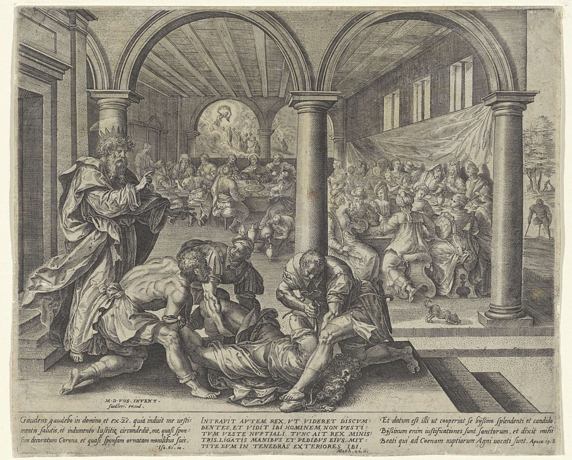 Bestraffing van de man zonder bruiloftskleding by Wierix
