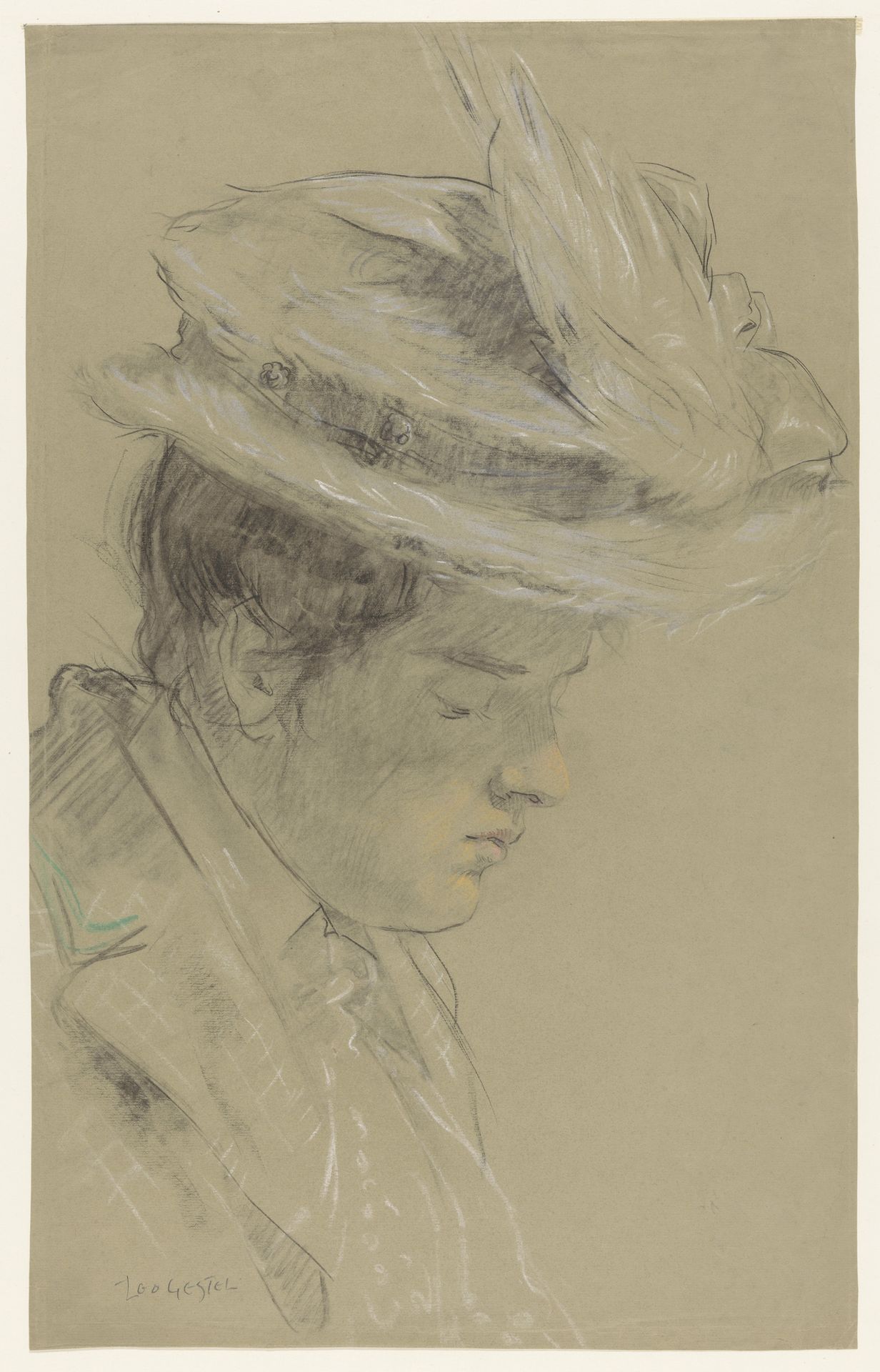 Vrouw met hoed, naar beneden kijkend by Leo Gestel
