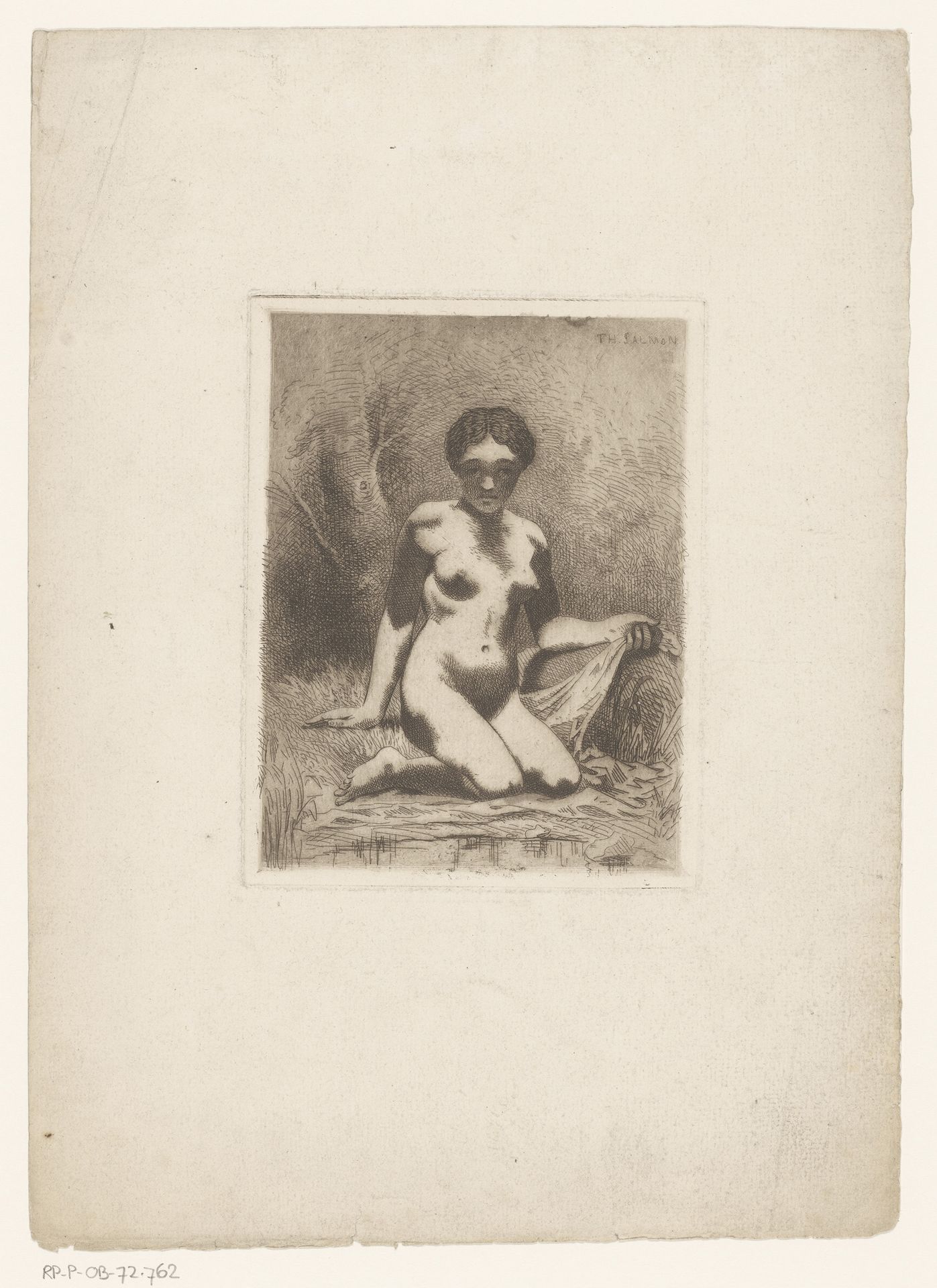 Knielende naakte vrouw aan de waterkant by Théodore Frédéric Salmon