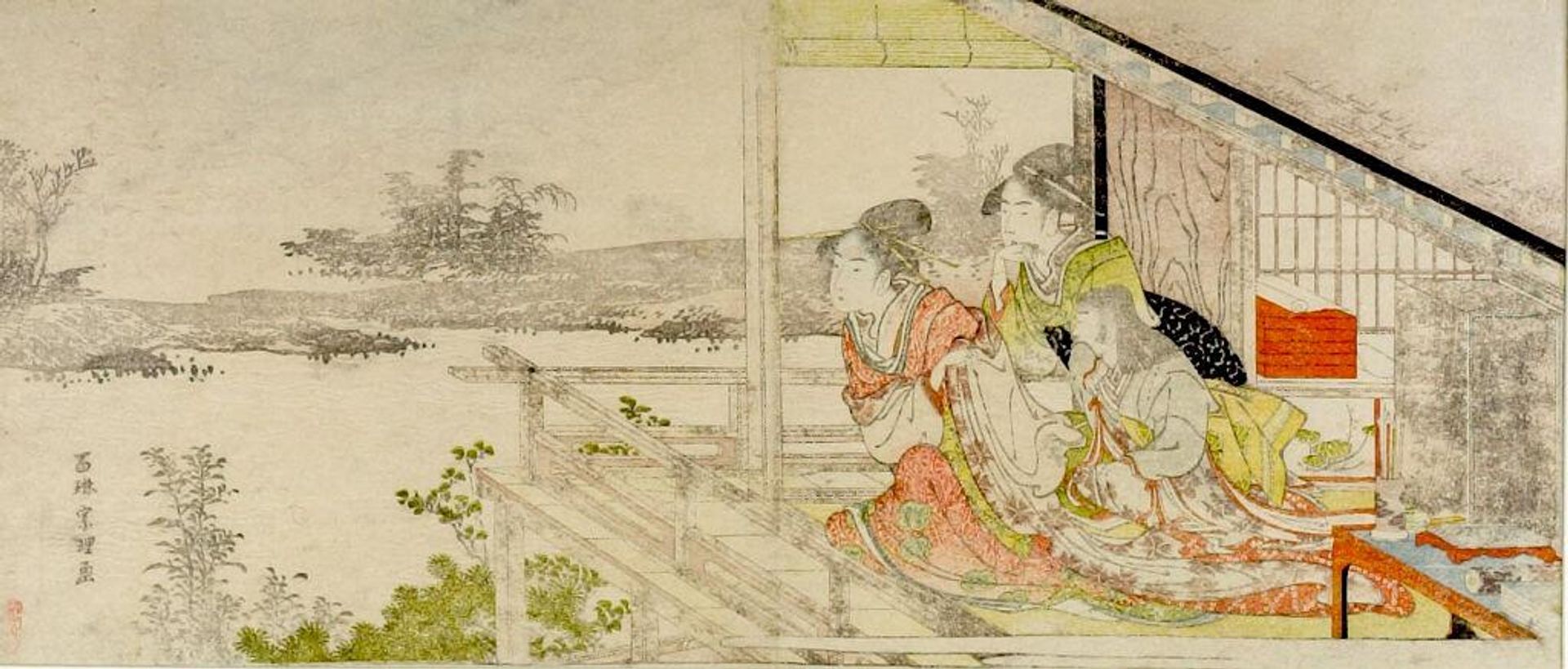 Two Women and Child Looking at River from Verandah by Katsushika Hokusai