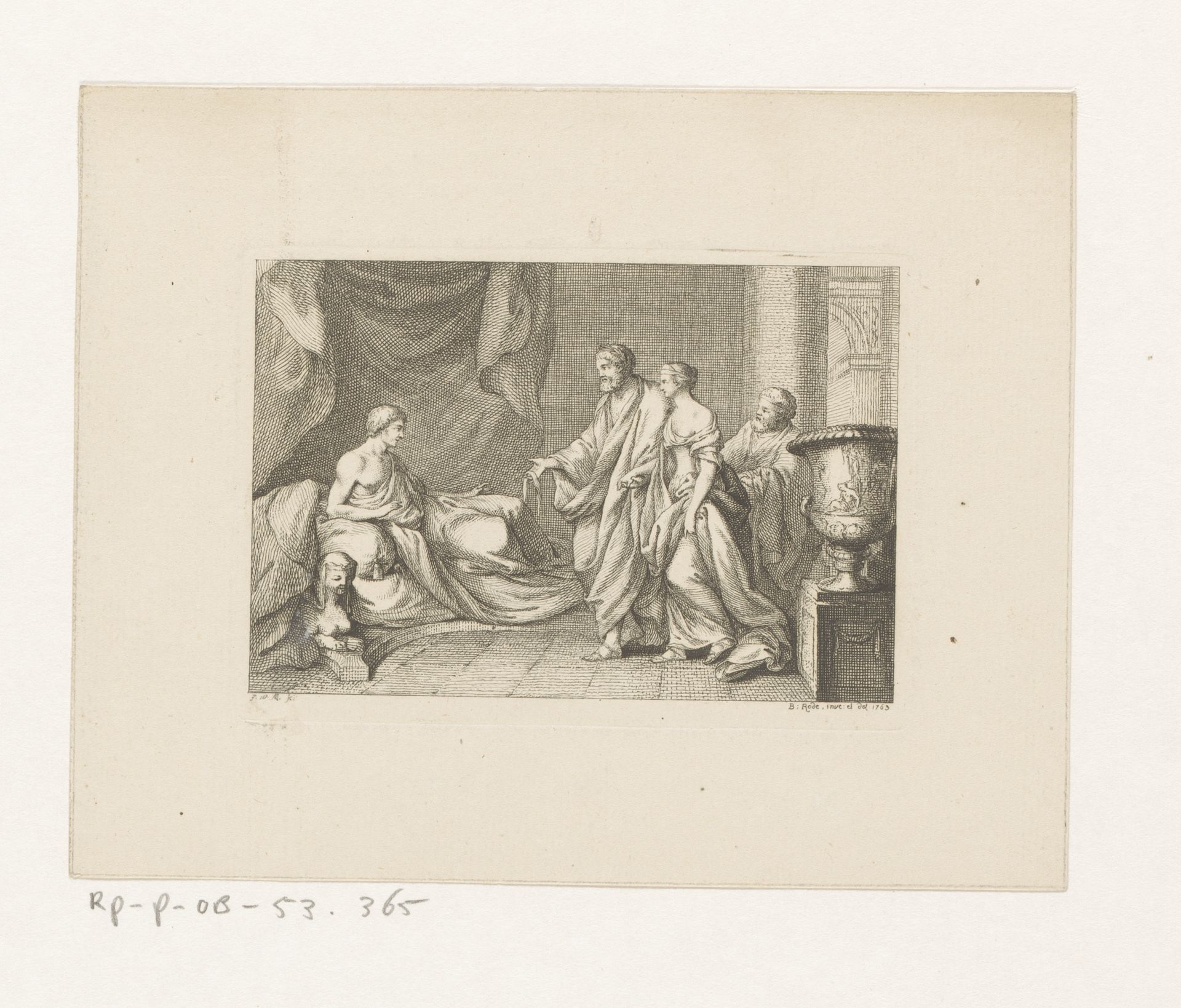 Man presenteert jonge vrouw aan man achteroverliggend in kussens by Johann Wilhelm (der Jüngere) Meil