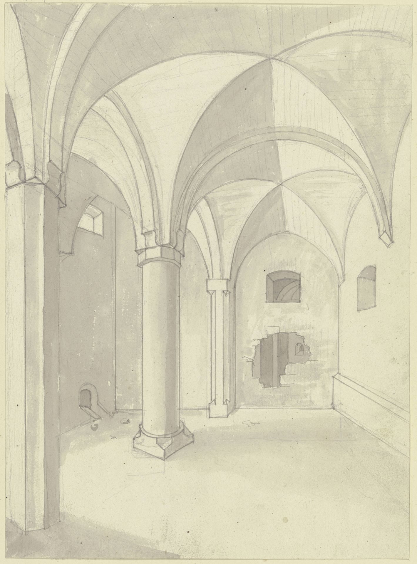 Das Innere einer Säulenhalle, im Hintergrund ist ein Loch durch die Wand gebrochen by Karl Ballenberger