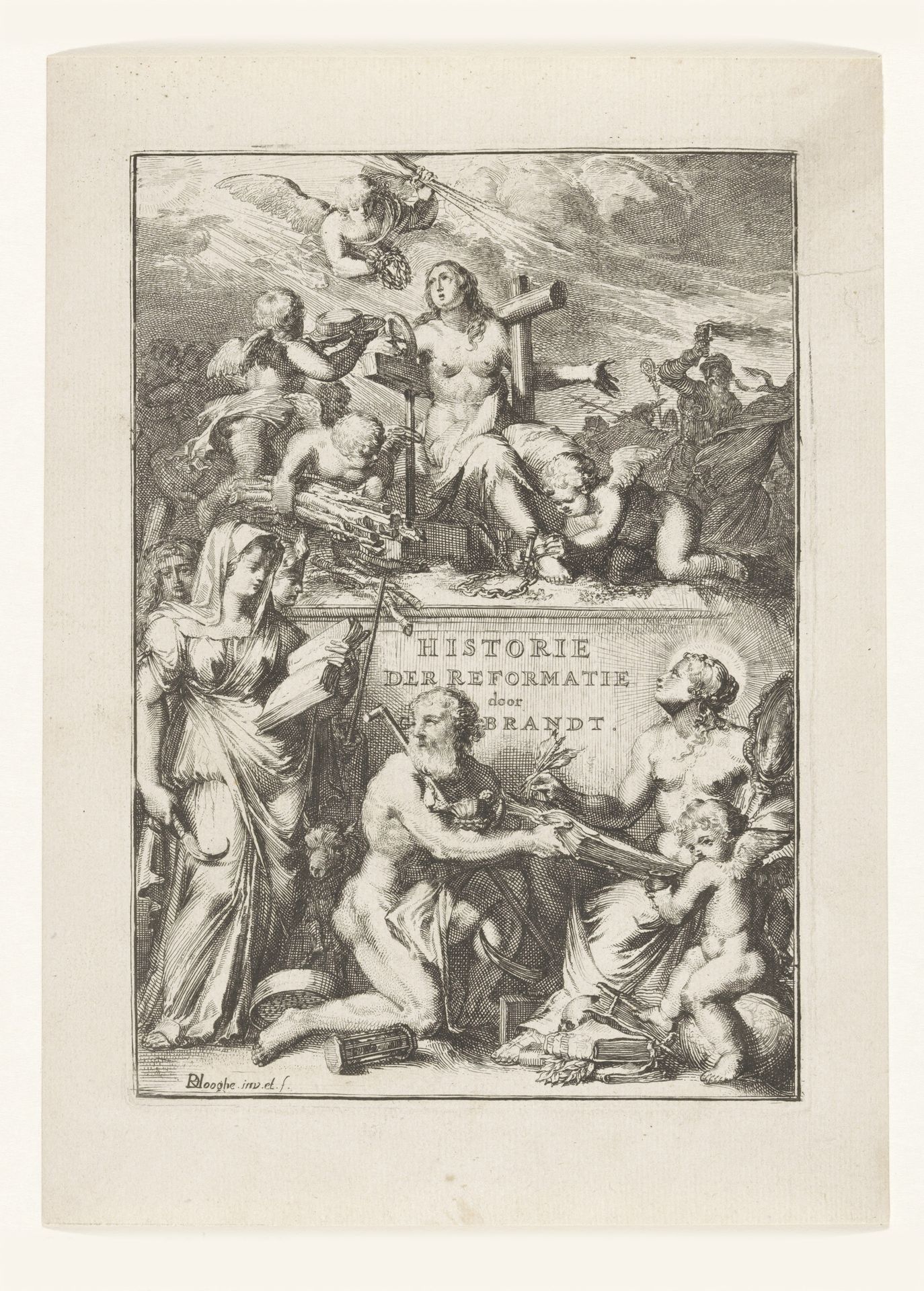 Allegorische voorstelling met Geschiedenis, Vader Tijd en een vrouw met kruis en anker by Romeyn de Hooghe