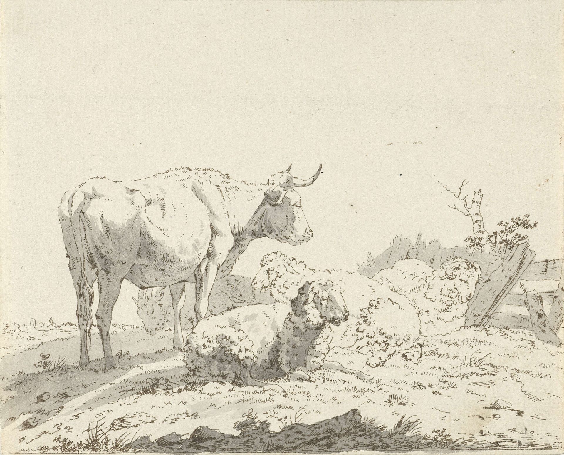 Koe en schapen in een weide by Jan (II) Kobell