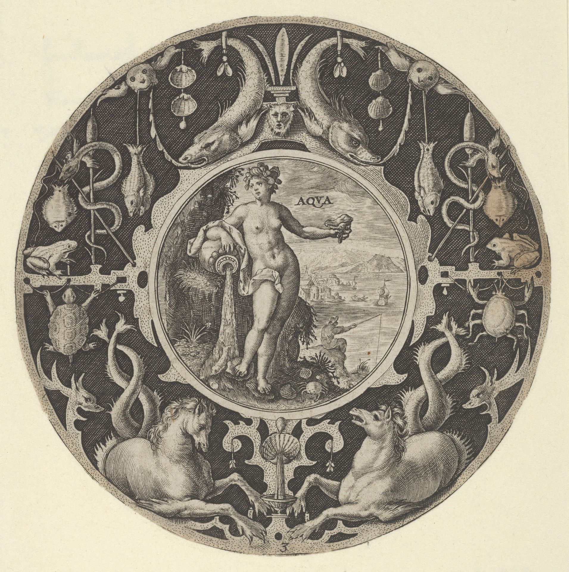 'Aqua' in a Decorative Border with Sea Creatures, from a Series of Circular Designs with the Four Elements by Crispijn de Passe the Elder