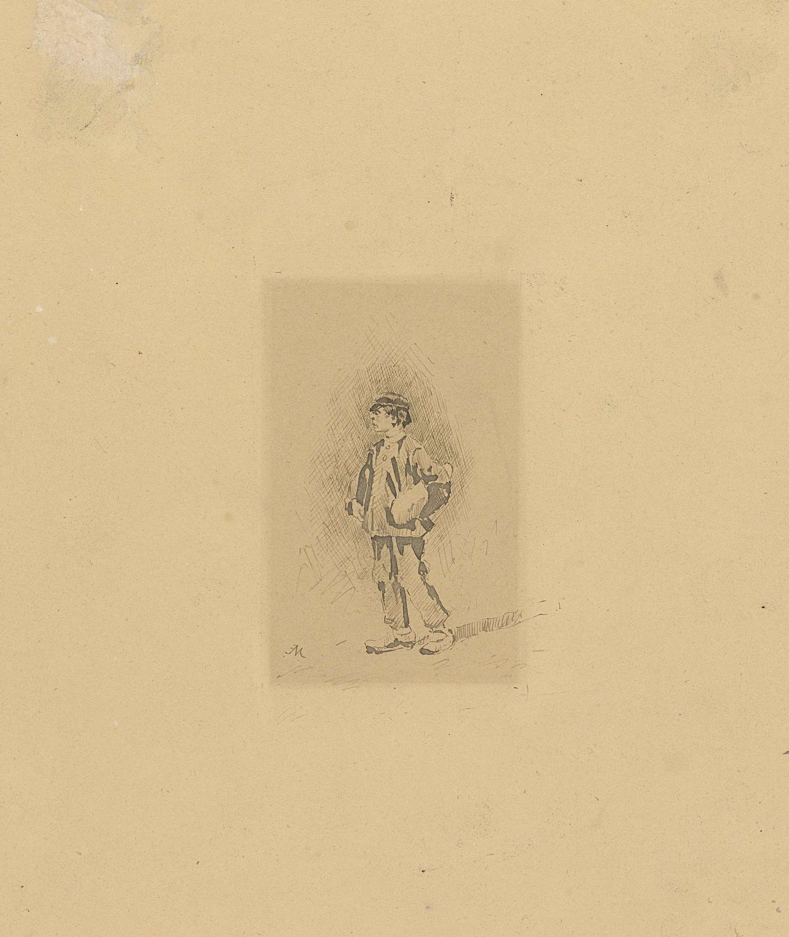 Lopende jongen naar links, een fles in de rechterarm, een brood (?) onder de linker by Ernest Meissonier
